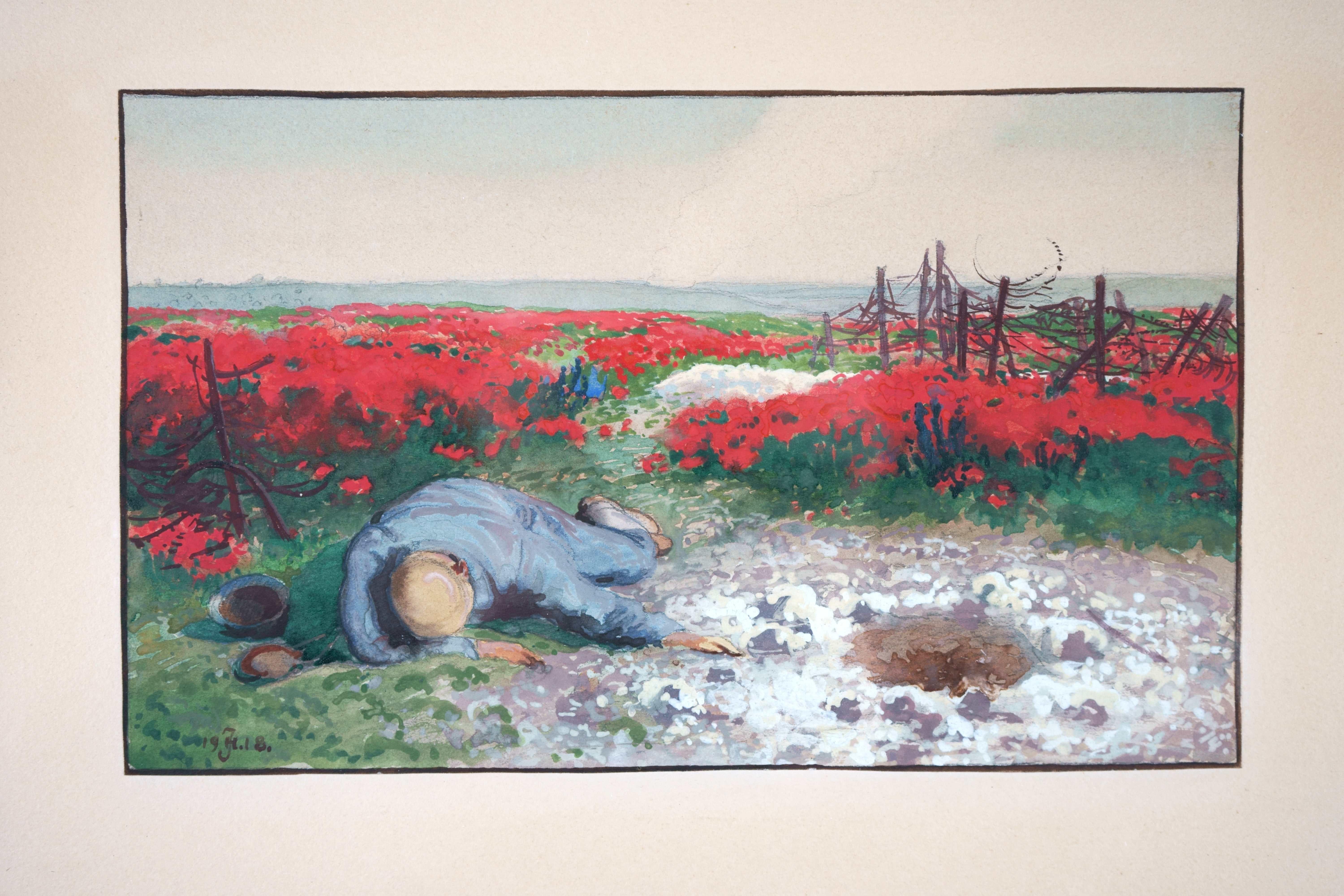 Rote blühende Kriegslandschaft mit totem Soldat - Tote Blumen – Art von Johannes Haensch