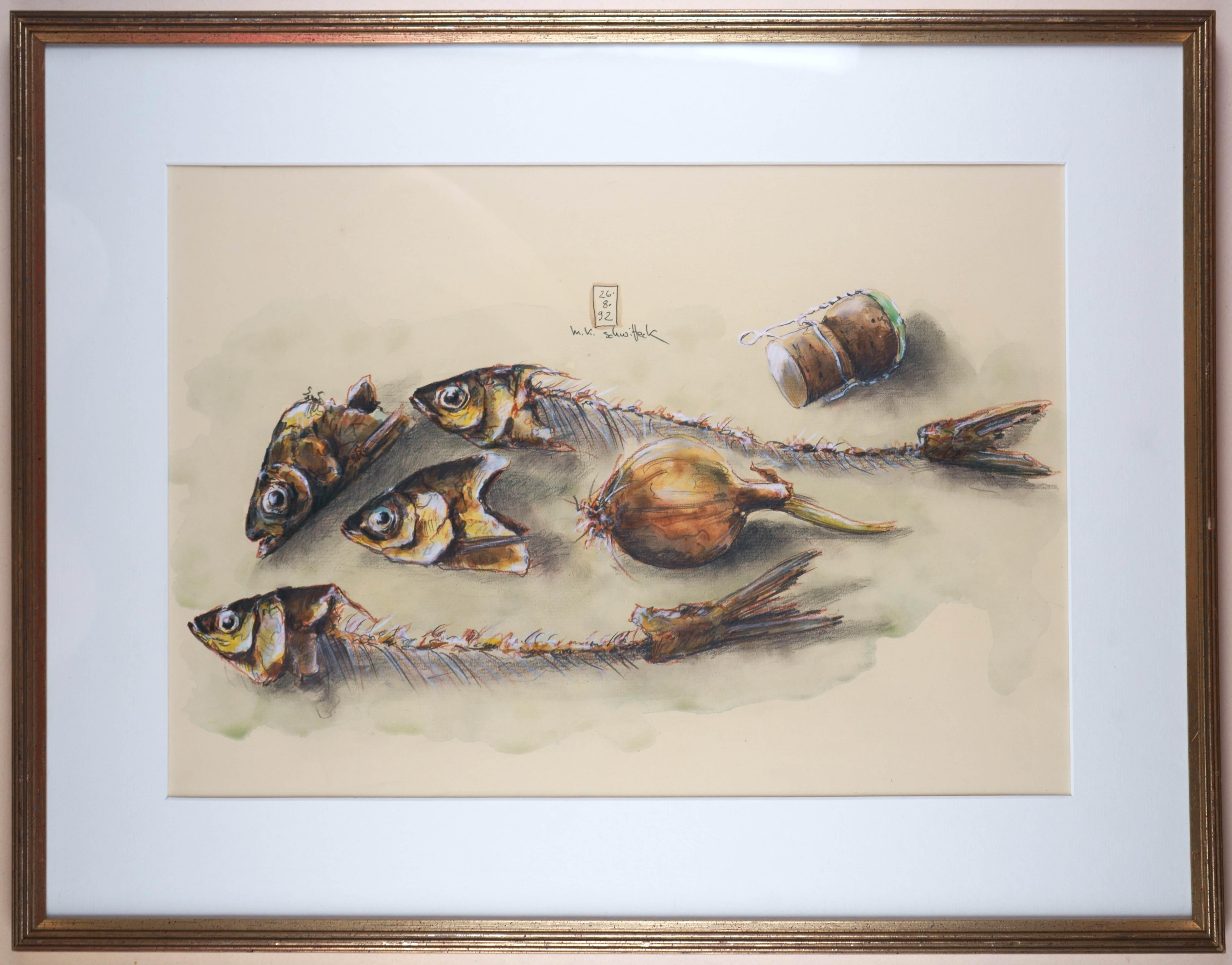 Nature morte avec os de poisson, crayon et crayon à encre - Surréalisme Art par Manfred K. Schwitteck