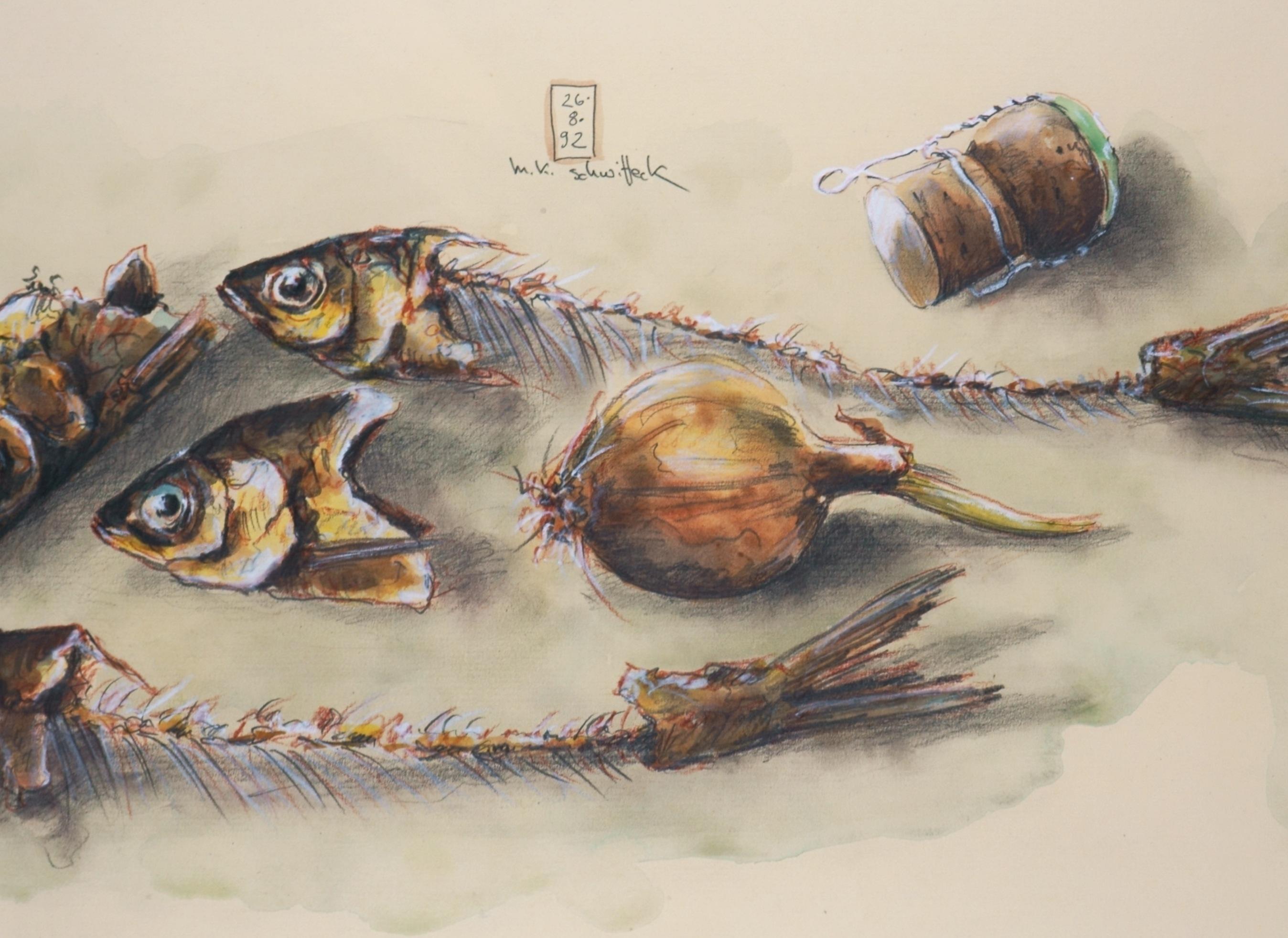 Nature morte avec os de poisson, crayon et crayon à encre - Art de Manfred K. Schwitteck