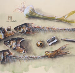 Still life with fish bones, pencil and pencil sharpener / - The irony of art -