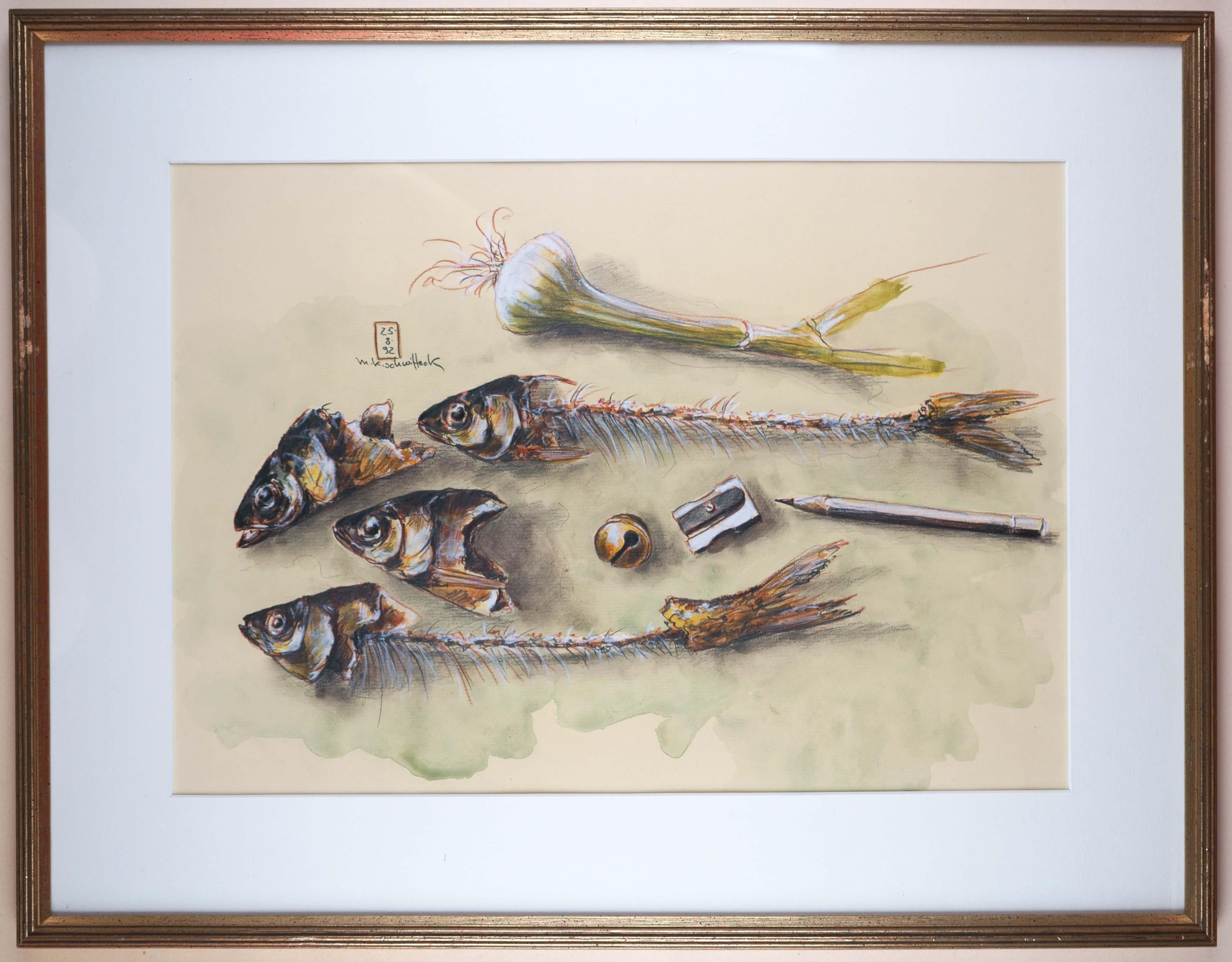 Nature morte avec os de poisson et cordons champagne / - Derrière une nature morte - - Surréalisme Art par Manfred K. Schwitteck