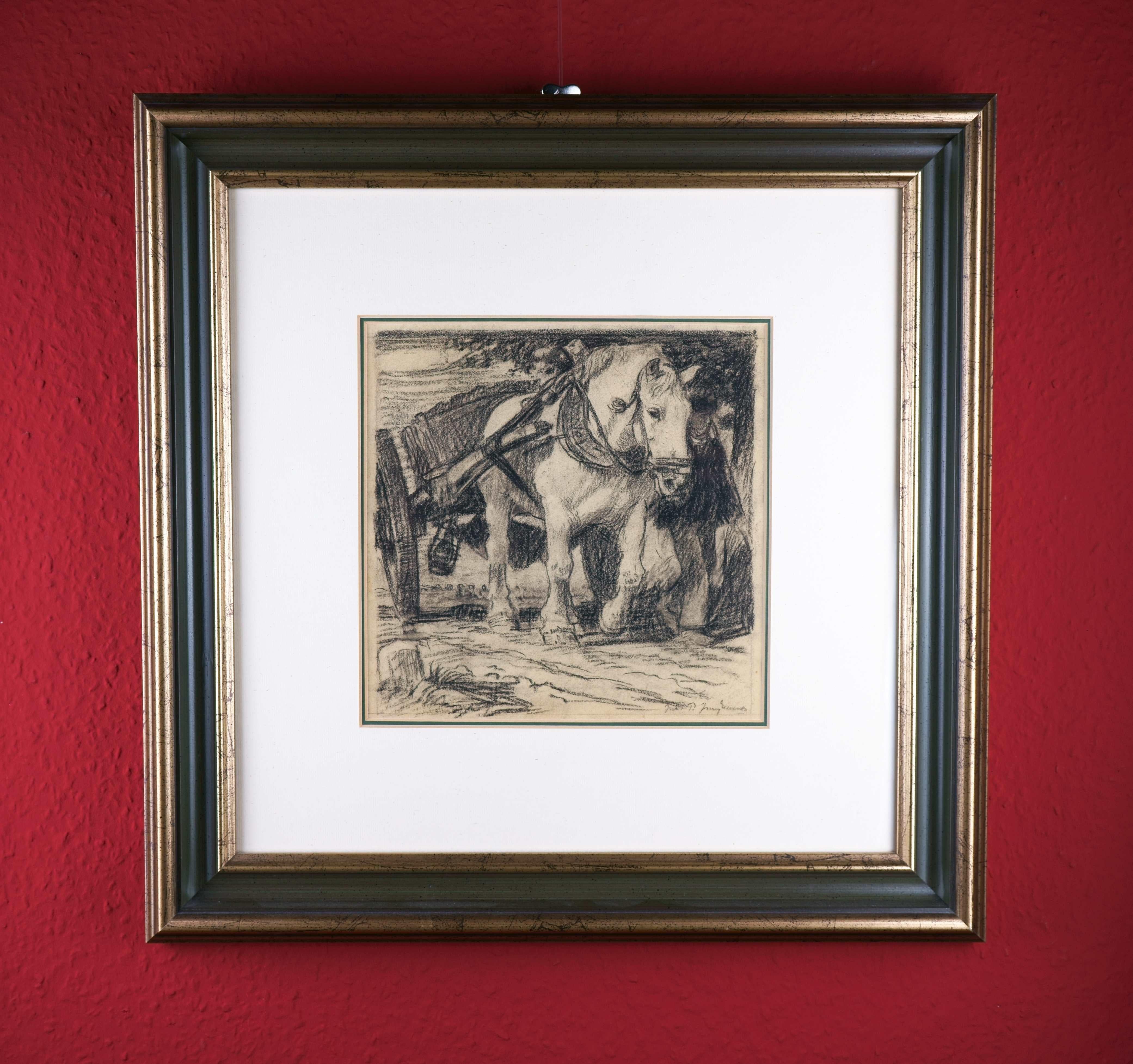 Julius Paul Junghanns (1876 Vienna - 1958 Düsseldorf), Draft Horse with Cart. Charcoal drawing on paper, 23 x 23 cm (inside measurement), 49 x 50 cm (frame), signed at lower right 