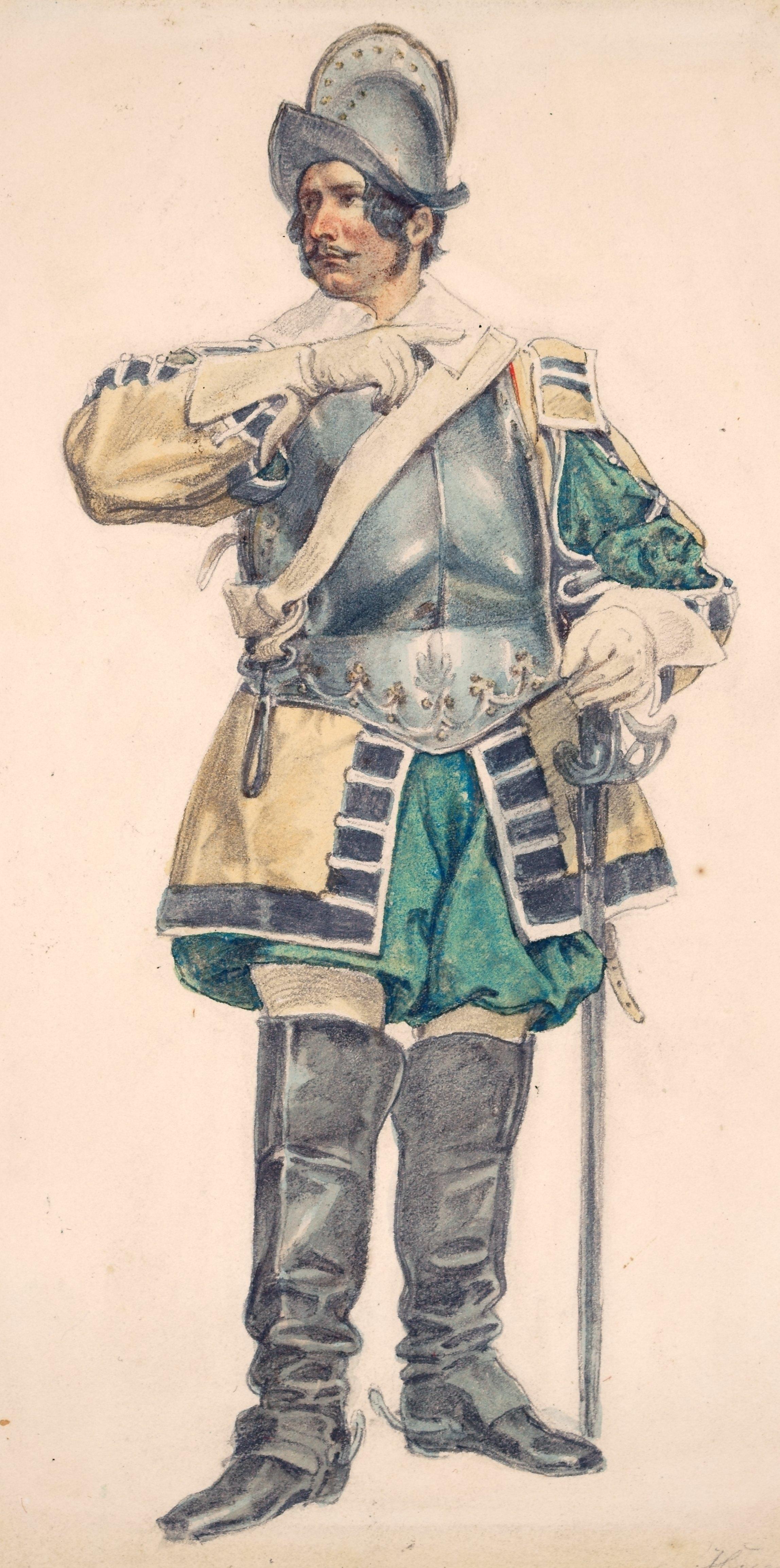 Der Schauspieler Karl Seydelmann, wahrscheinlich als Max Piccolomini / - Theatrical Realism - – Art von Theodor Hosemann