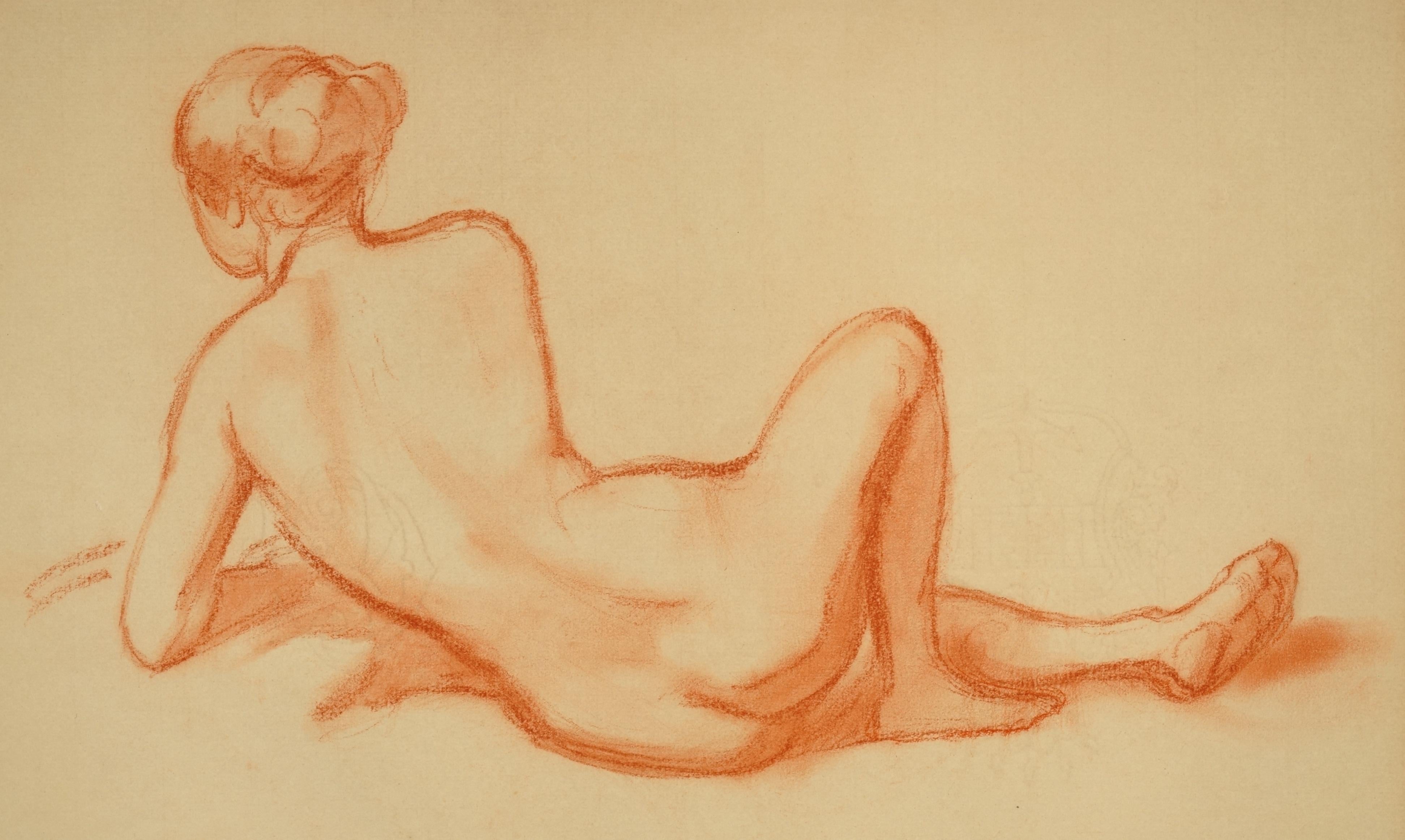 Female Nude from the Back, um 1900 / - The Contour of the Art Nouveau - (Beige), Figurative Art, von Ludwig von Hofmann