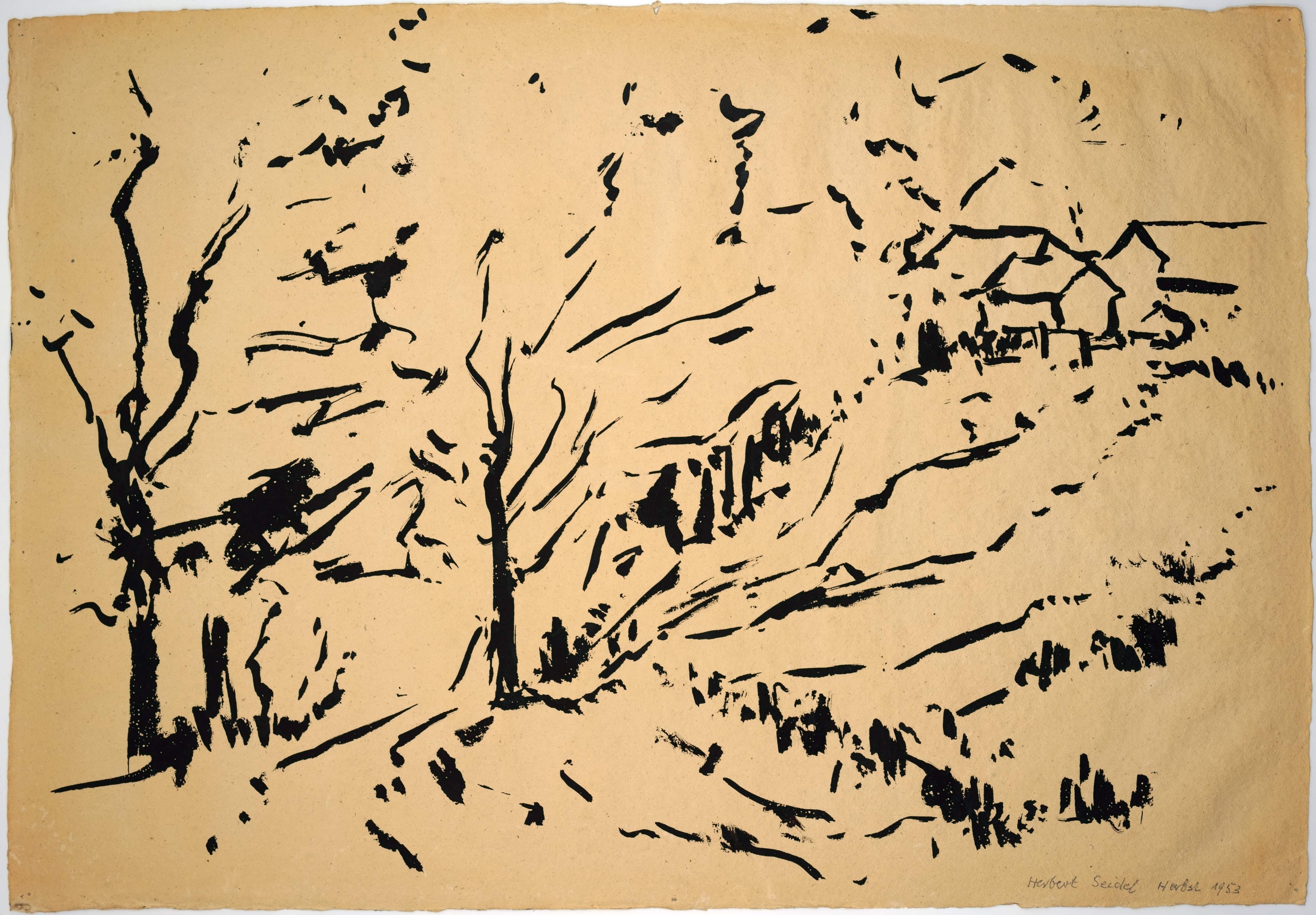 Seidel, Herbert (1906-1974), Otoño verso Paisaje de verano, 1953
Herbert Seidel (1906 Berlín - 1974 Rüdersdorf), Otoño verso Paisaje de verano, 1953. Tinta china sobre papel veteado y blanqueado, 40,5 x 58 cm, firmado 