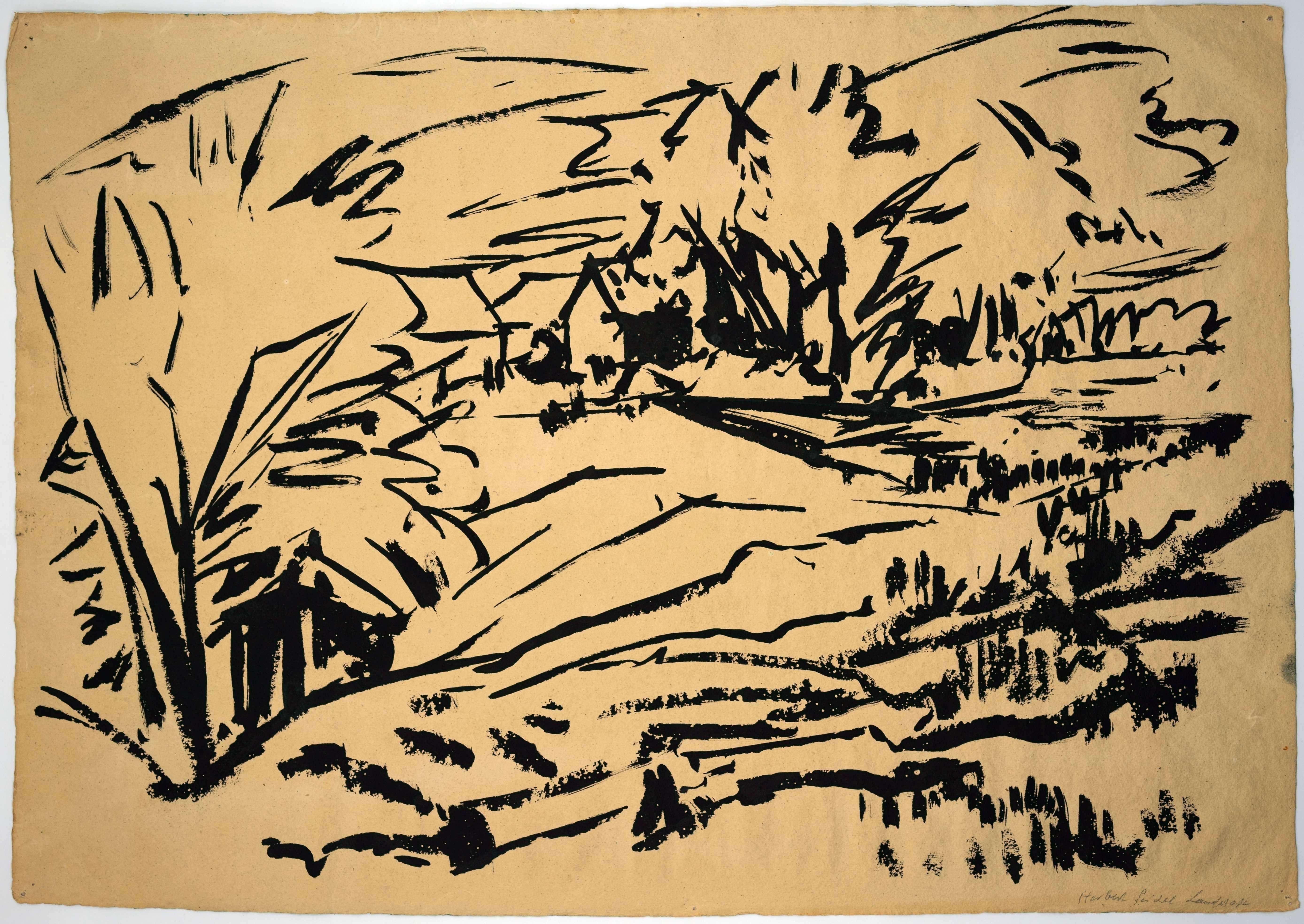 Herbert Seidel (1906 Berlin - 1974 Rüdersdorf), Paysage verso Intérieur de forêt, vers 1950. Encre de Chine sur papier blanchi et grainé, 40,5 x 58 cm, signé 