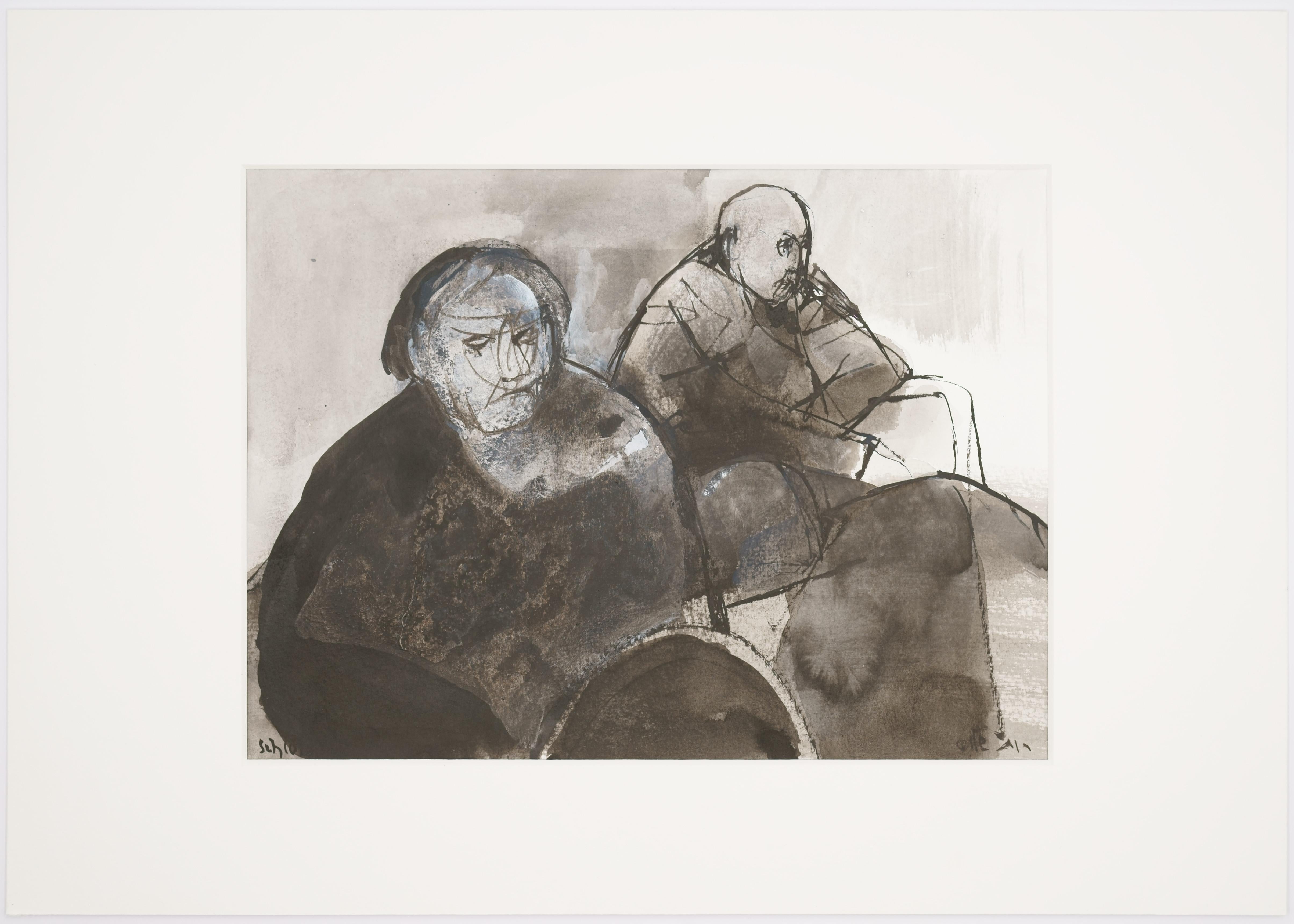 Ruth Schloss (1922 Nuremberg - 2013 Kfar Shmaryahu), Two sitting old people, around 1990. Mixed media on watercolor paper, 24 cm x 32 cm, signed “Schloss” lower left and again in Hebrew lower right. With further sketch on the reverse. In
