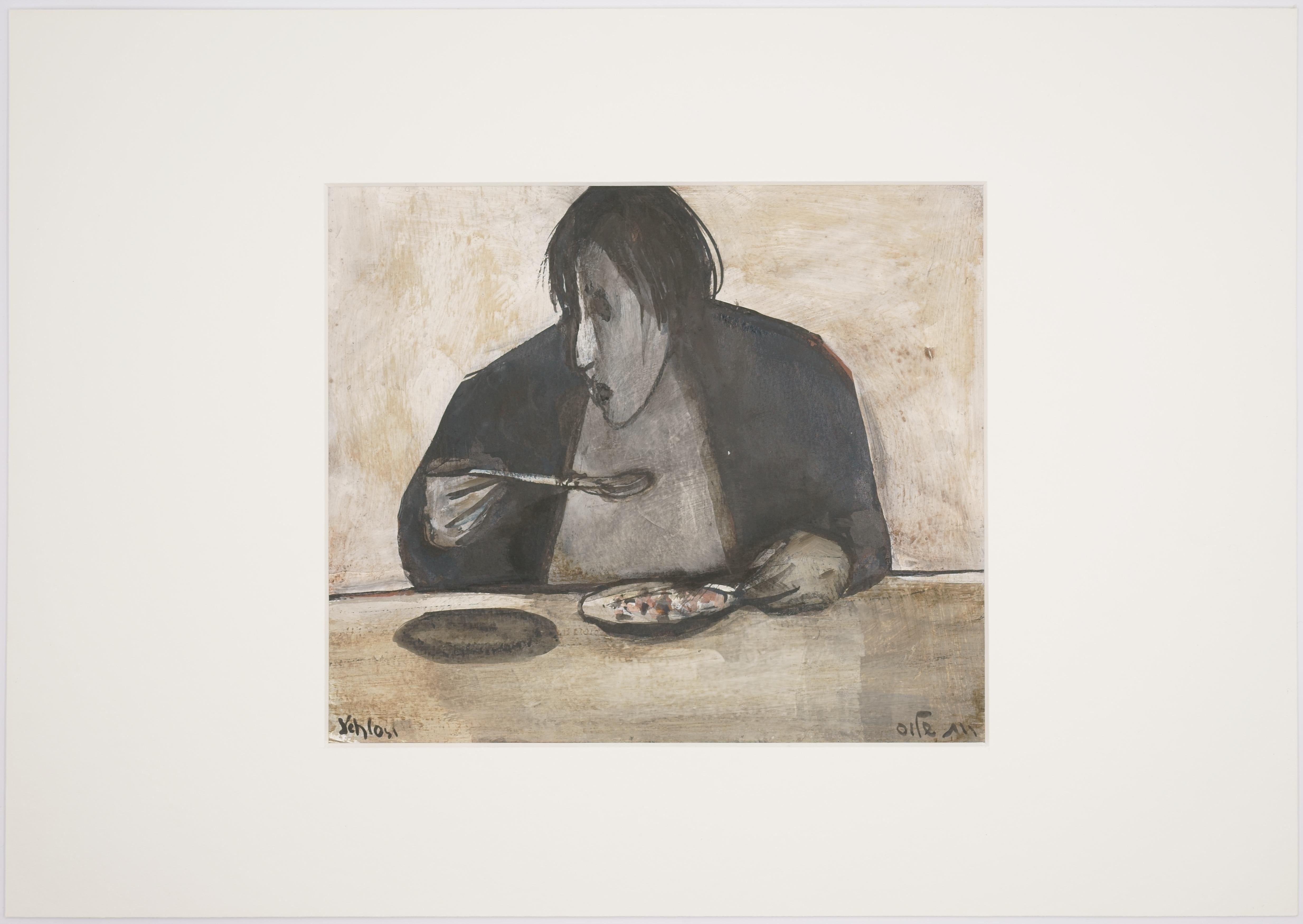 Woman eating / - Interior Pictures - - Beige Figurative Art by Ruth Schloss
