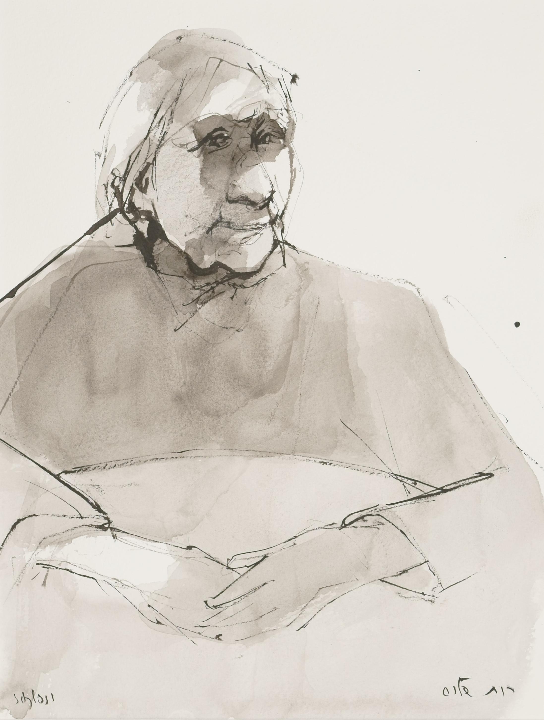 Ruth Schloss Figurative Art - Old Woman at the Table / - Shaded view -