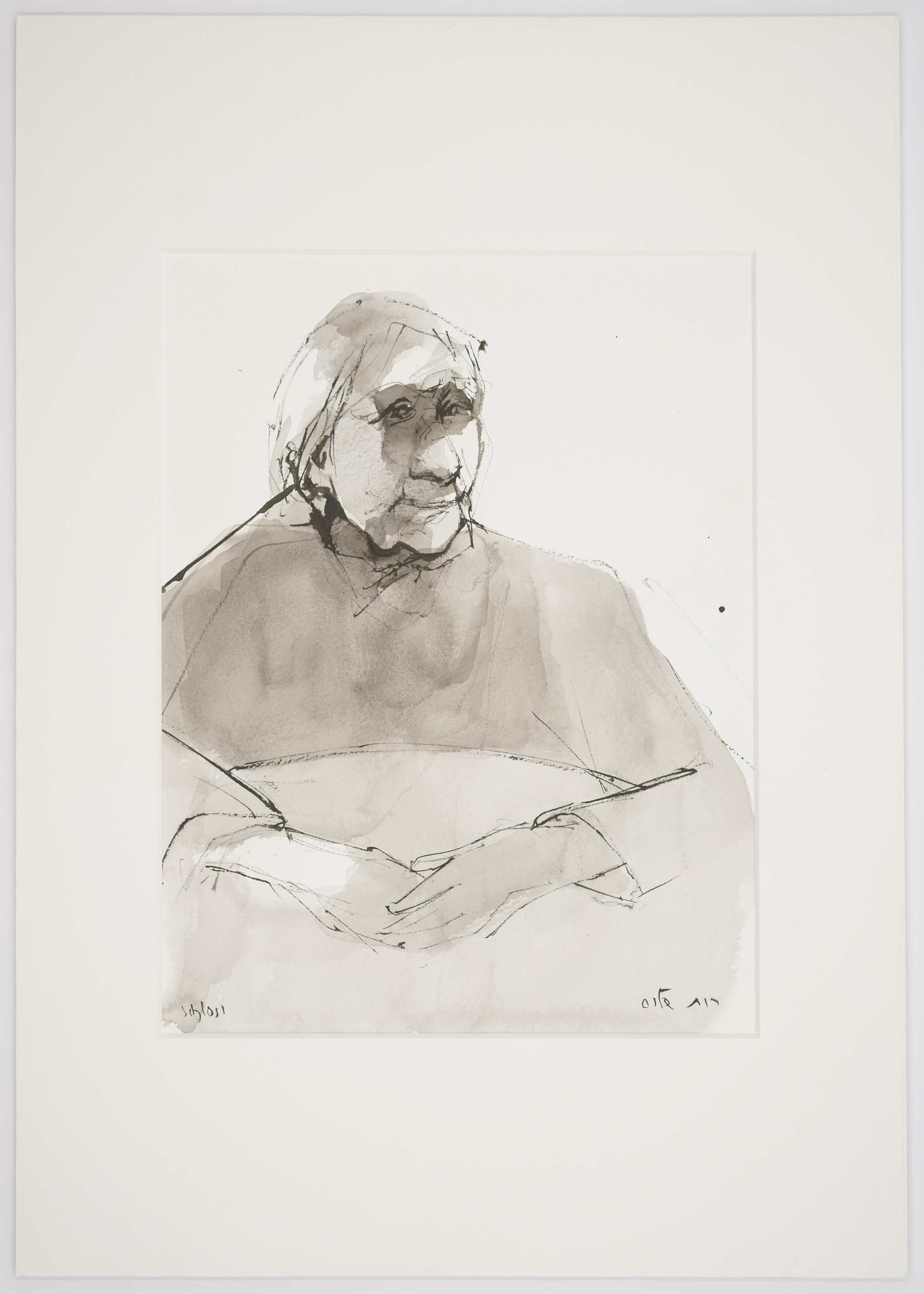 Old Woman at the Table / - Shaded view - - Beige Figurative Art by Ruth Schloss