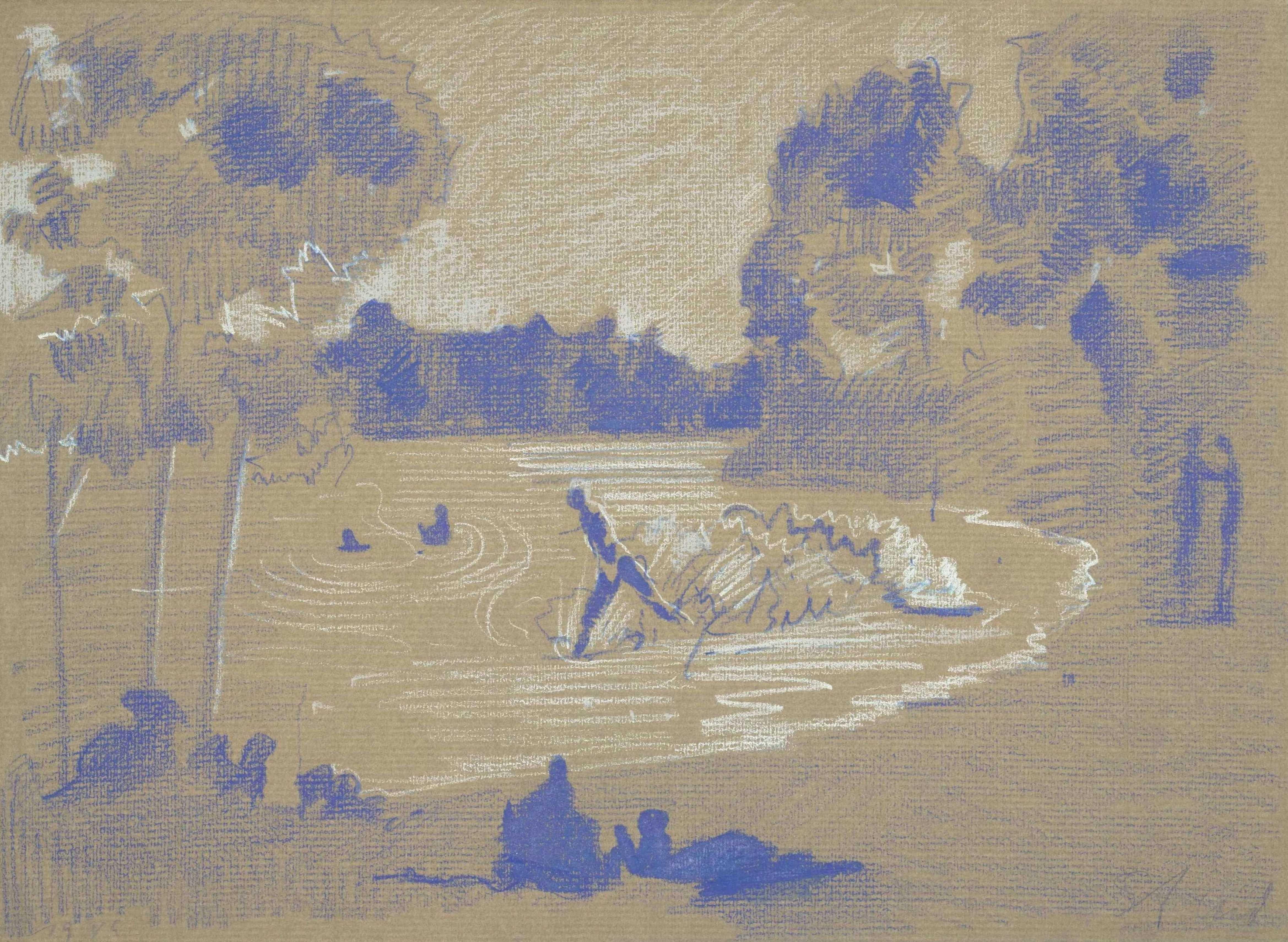 Reinhard Stangl (*1959 Leipzig), Lago solitario y animado, 1985. Dibujos a lápiz de color azul realzado sobre papel marrón, cada uno de 21 cm x 29 cm, firmados abajo a la derecha y fechados una vez en 1985.
- en muy buen estado



- Calma y