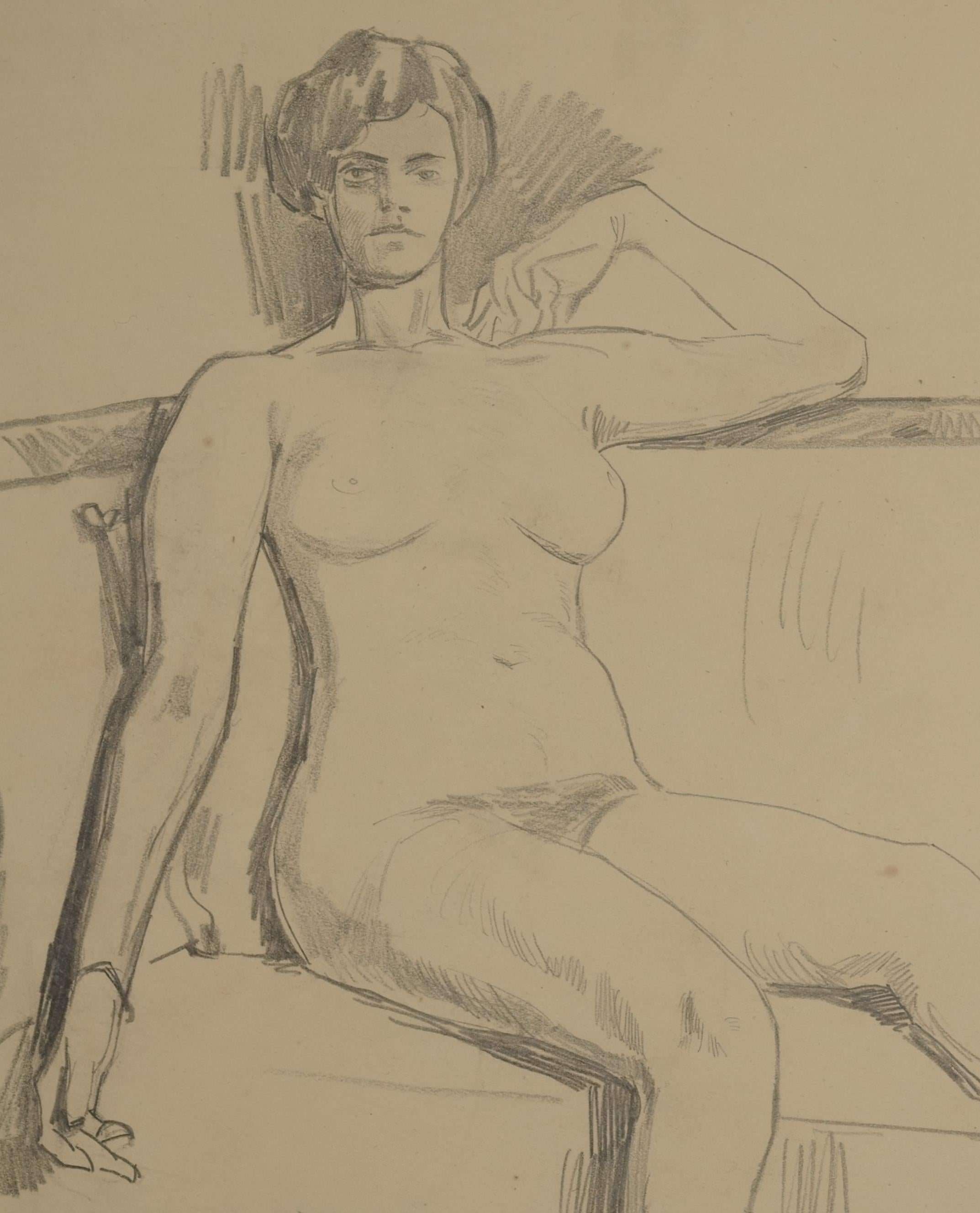Weiblicher Akt auf einem Sofa sitzend – Art von Wilhelm Trübner