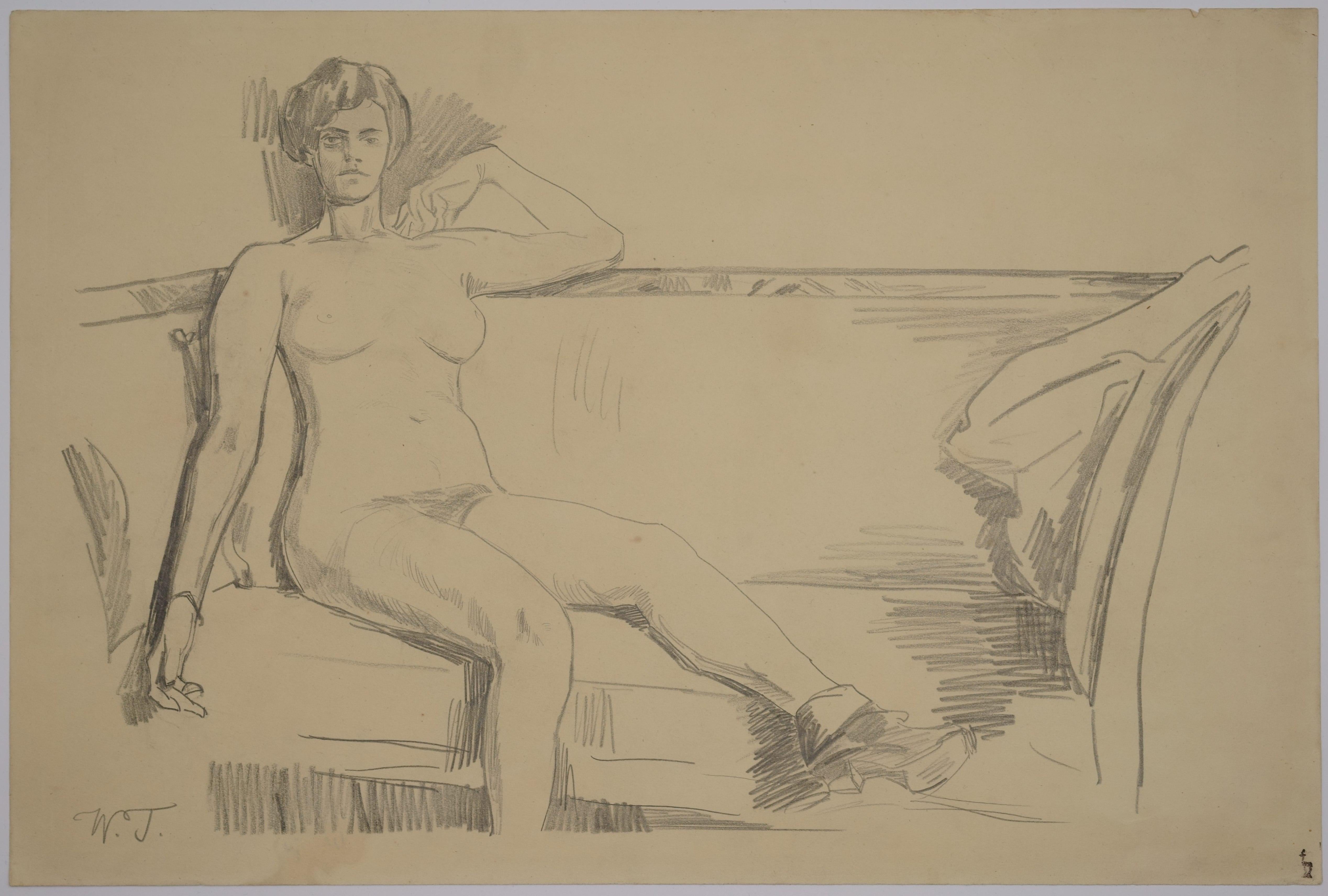 Weiblicher Akt auf einem Sofa sitzend (Braun), Nude, von Wilhelm Trübner