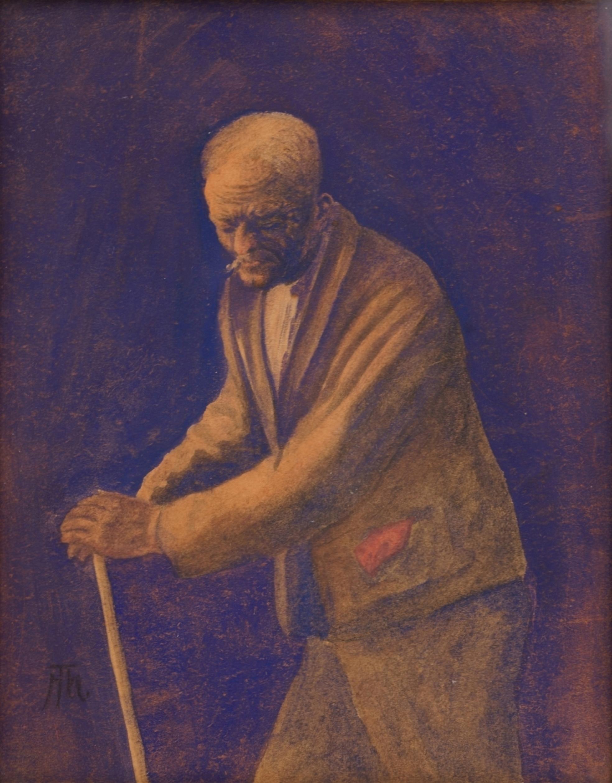 Hans Thoma Figurative Art - Stooped Old Man with Walking Stick and Cigarette, c. 1910 / - The sum of life -