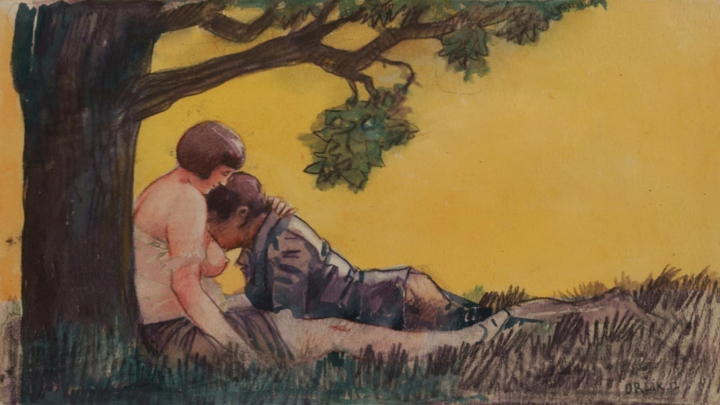 Emil Orlik Nude - Love Scene Under a Tree / - At the breast of Mother Nature -