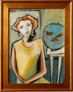 Frau mit Fisch von Stewart Ross, Acryl auf Leinwand, zeitgenössisches kubistisches Porträt