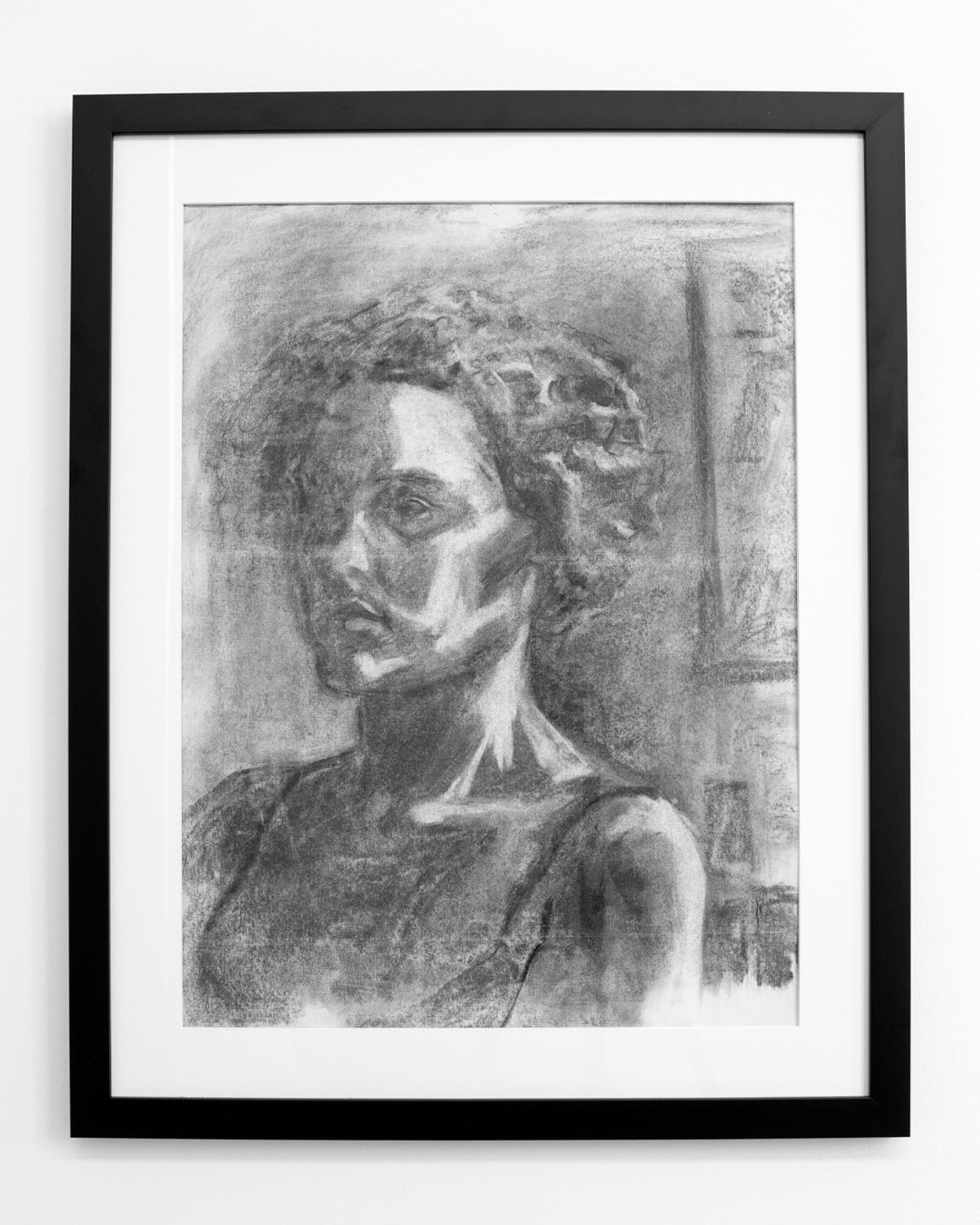 Framed Charcoal Drawing Portrait of a Woman - Naturalistic Art by Unknown