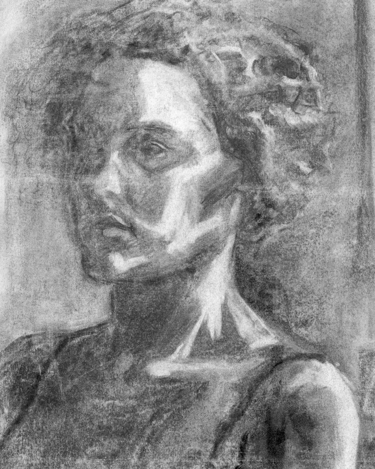 Vintage charcoal portrait of a woman on paper newly framed with a wire at back for hanging. We found an assortment of charcoal drawings on paper at an antiques show. All pieces are drawn by an unknown artist that explores various aspects of form,