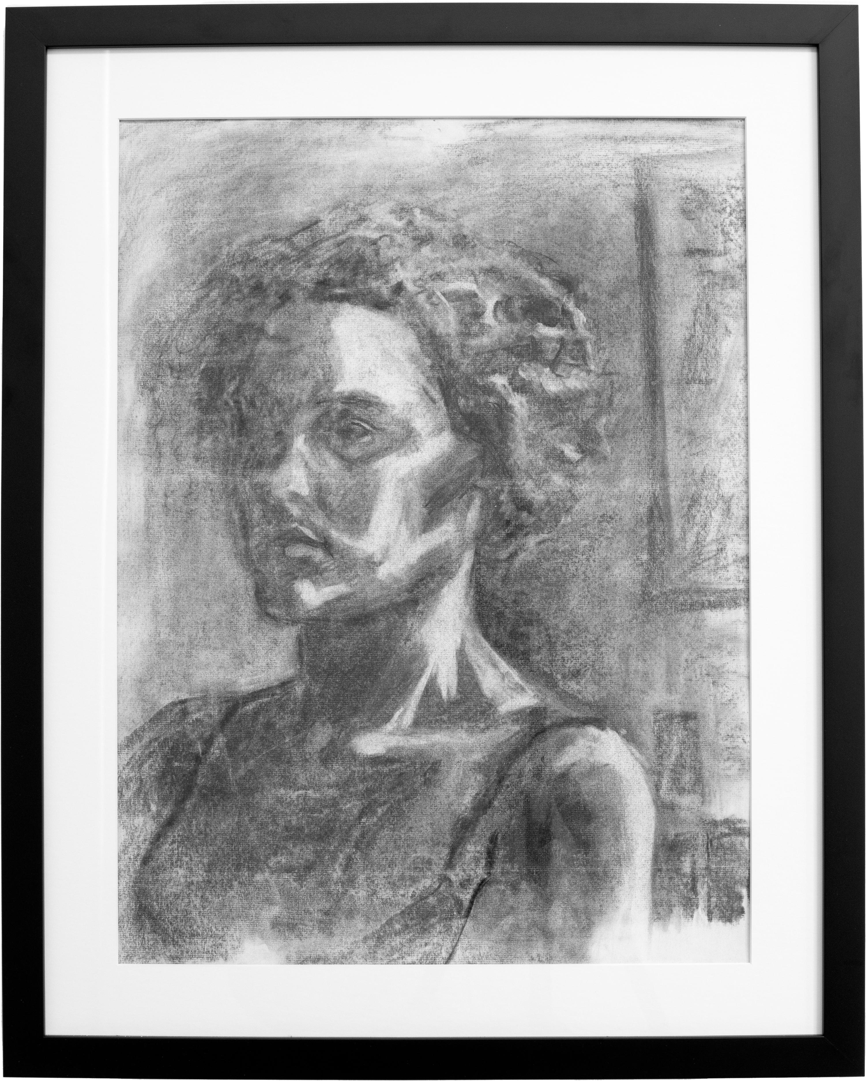 Unknown Figurative Art - Framed Charcoal Drawing Portrait of a Woman