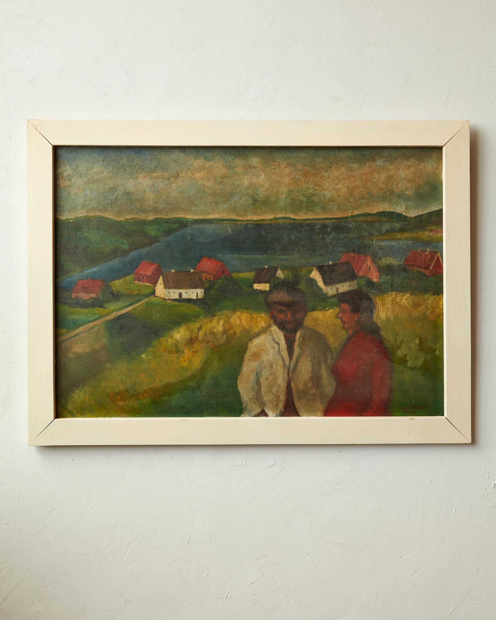 Limfjorden, a vintage oil on board landscape painting, depicts two figures conversing with a rural village landscape and large body of water in the background. The figures and homes are rendered in warm tones that contrast with the cool colored