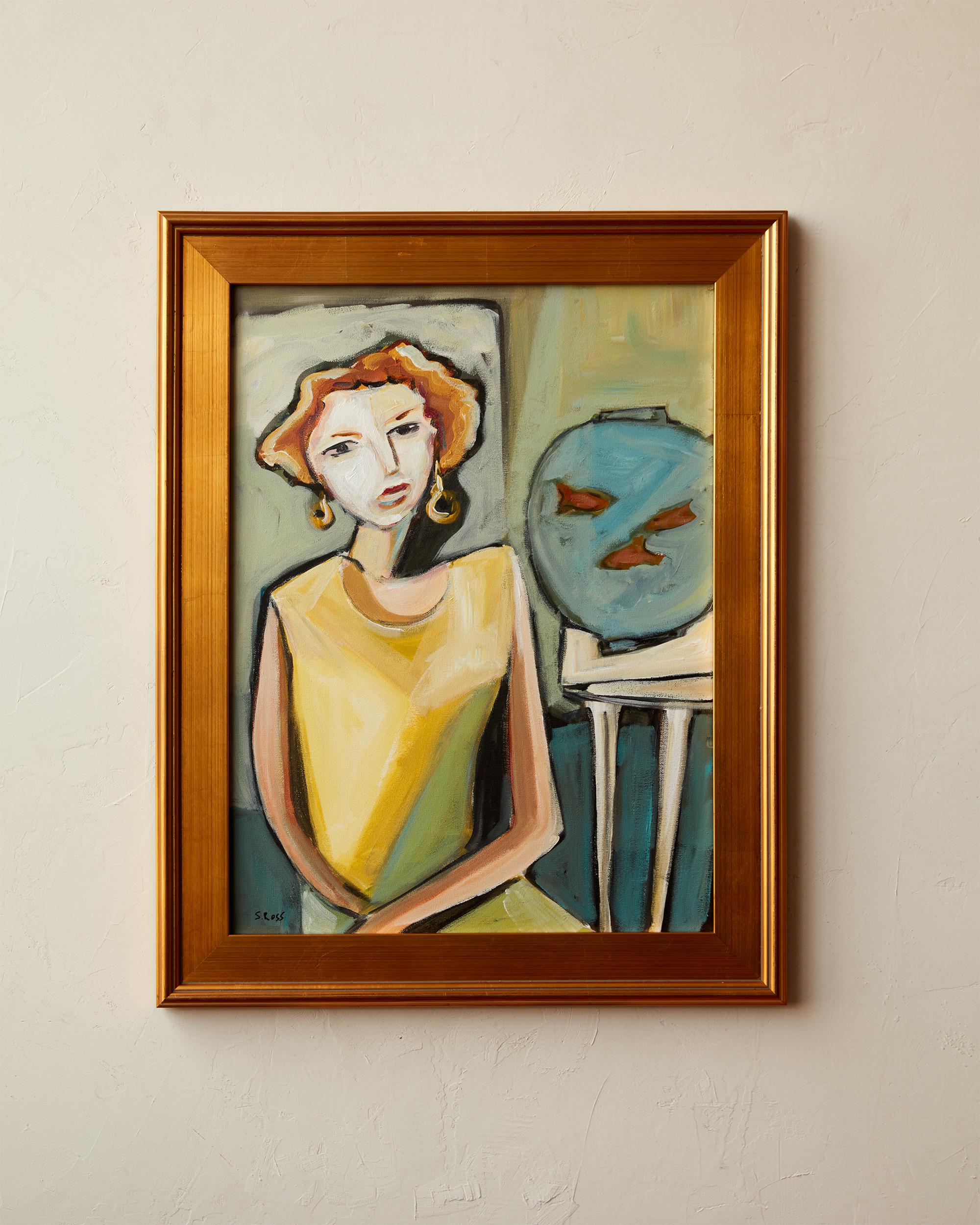 Woman with Fish by Stewart Ross Acrylic on Canvas Contemporary Cubist Portrait 1