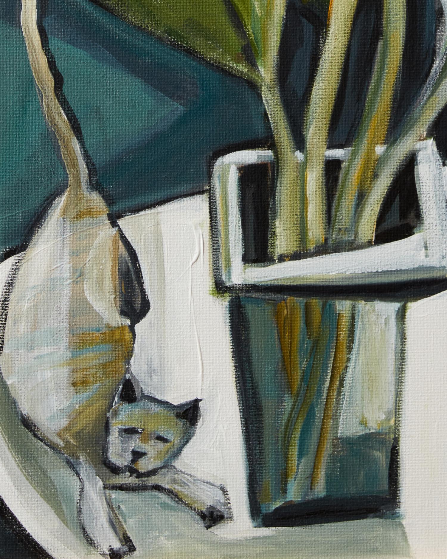 Cat with Leaves by Stewart Ross Acrylic Contemporary Cubist Still Life Painting 2
