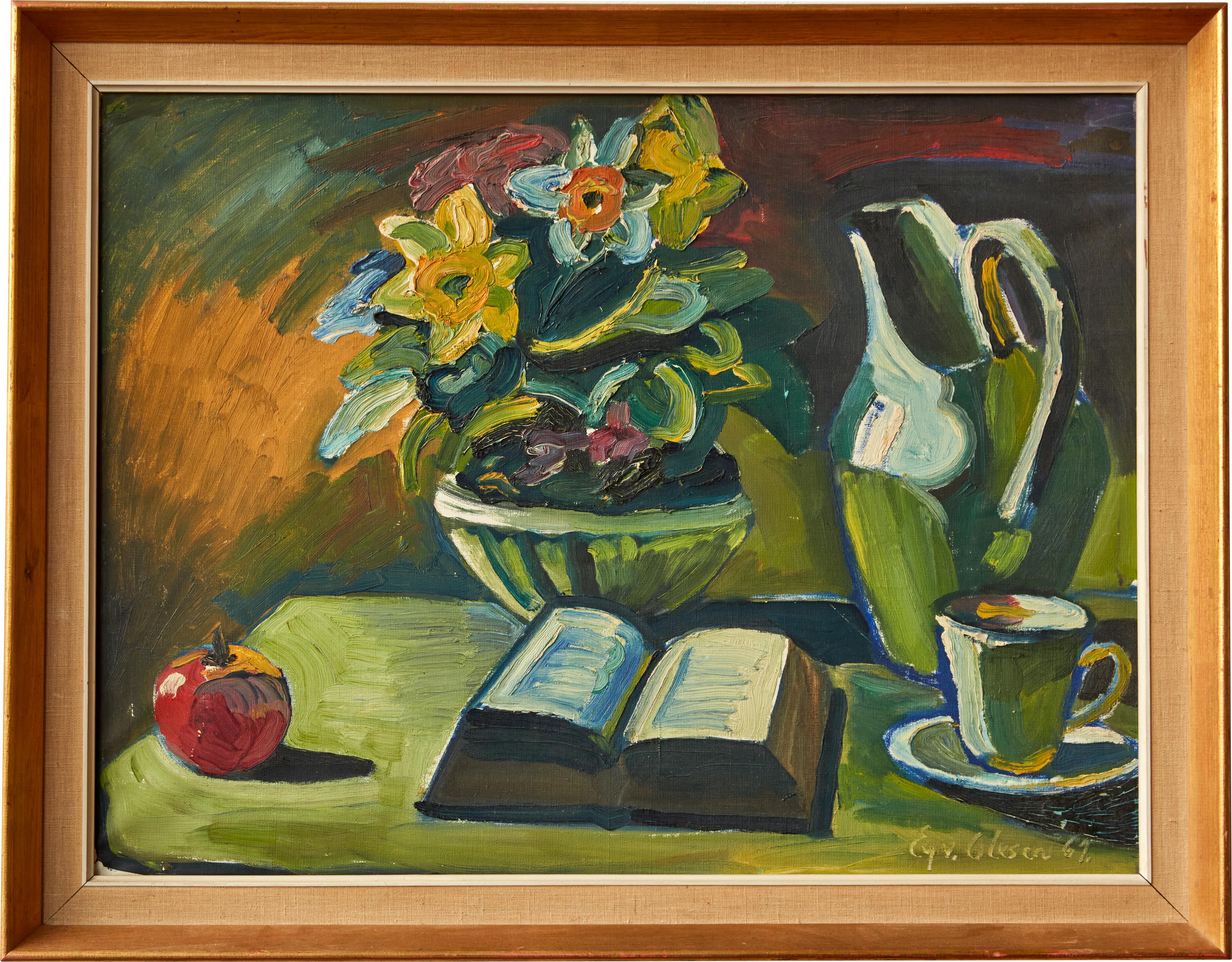 Flowers, Fruit + Book Still Life is a vintage oil on canvas painted in 1967 by Eyvind Oleson. The still life depicts an open book, pitcher, apple and daffodils upon a table. Housed in a contemporary giltwood frame with linen filet. From the estate