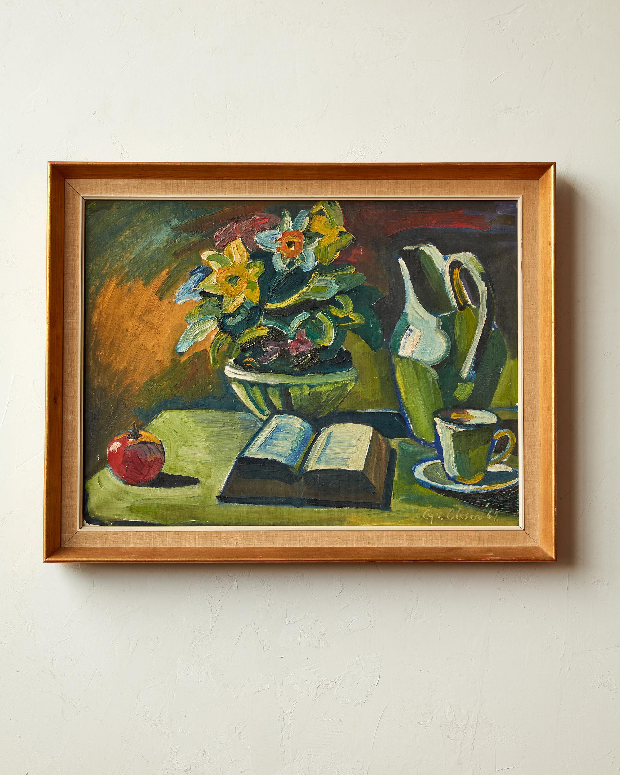 Flowers, Fruit and Book Still life by Eyvind Oleson 1967 Still Life Painting 1