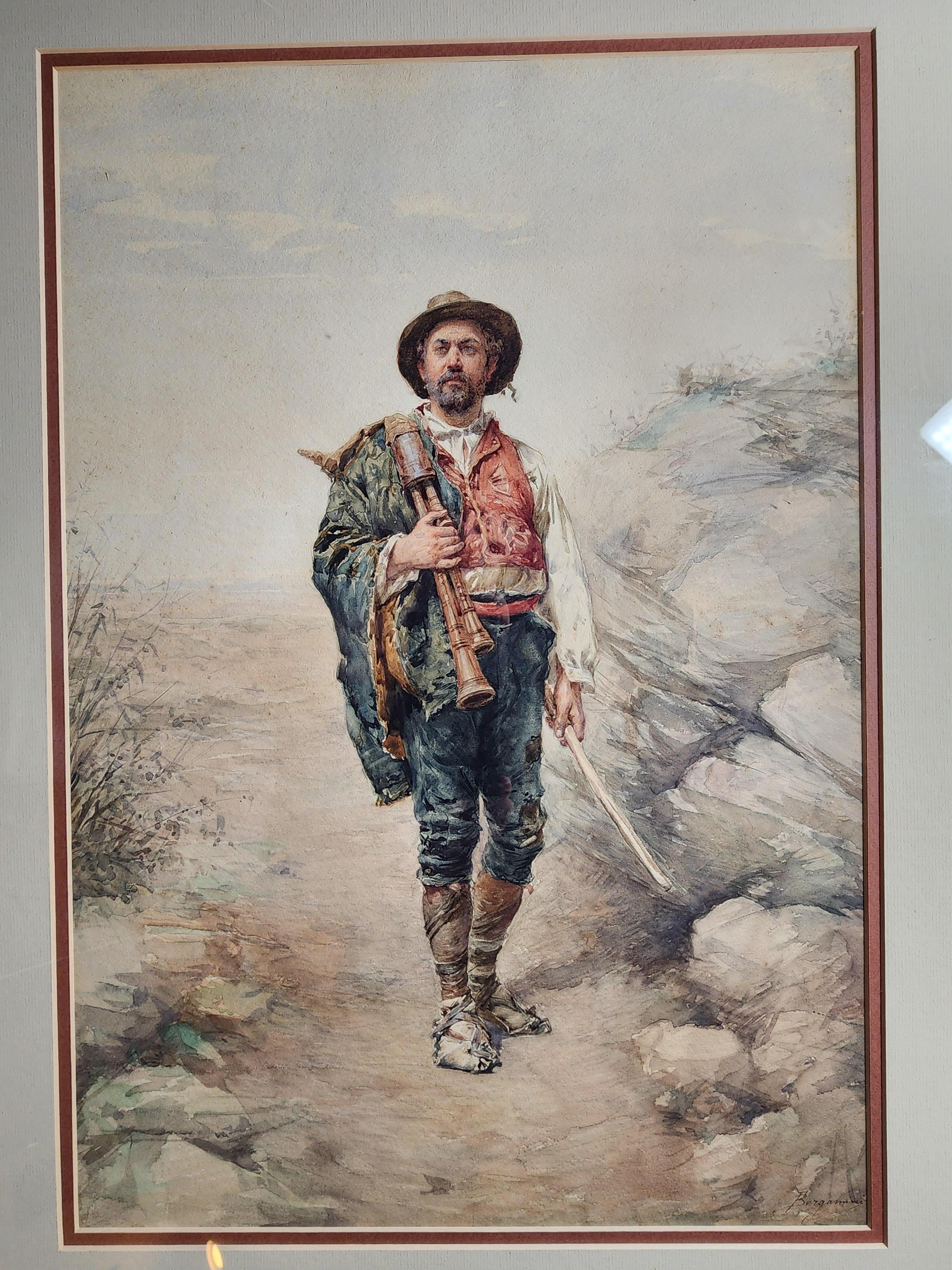 A superbly executed watercolor by Francesco Bergamini (1815-1883) of an Italian peasant carrying a Zampogna (the Italian version of bagpipes).

Zampogna are rarely shown in art.

Nicely framed and ready to hang. 