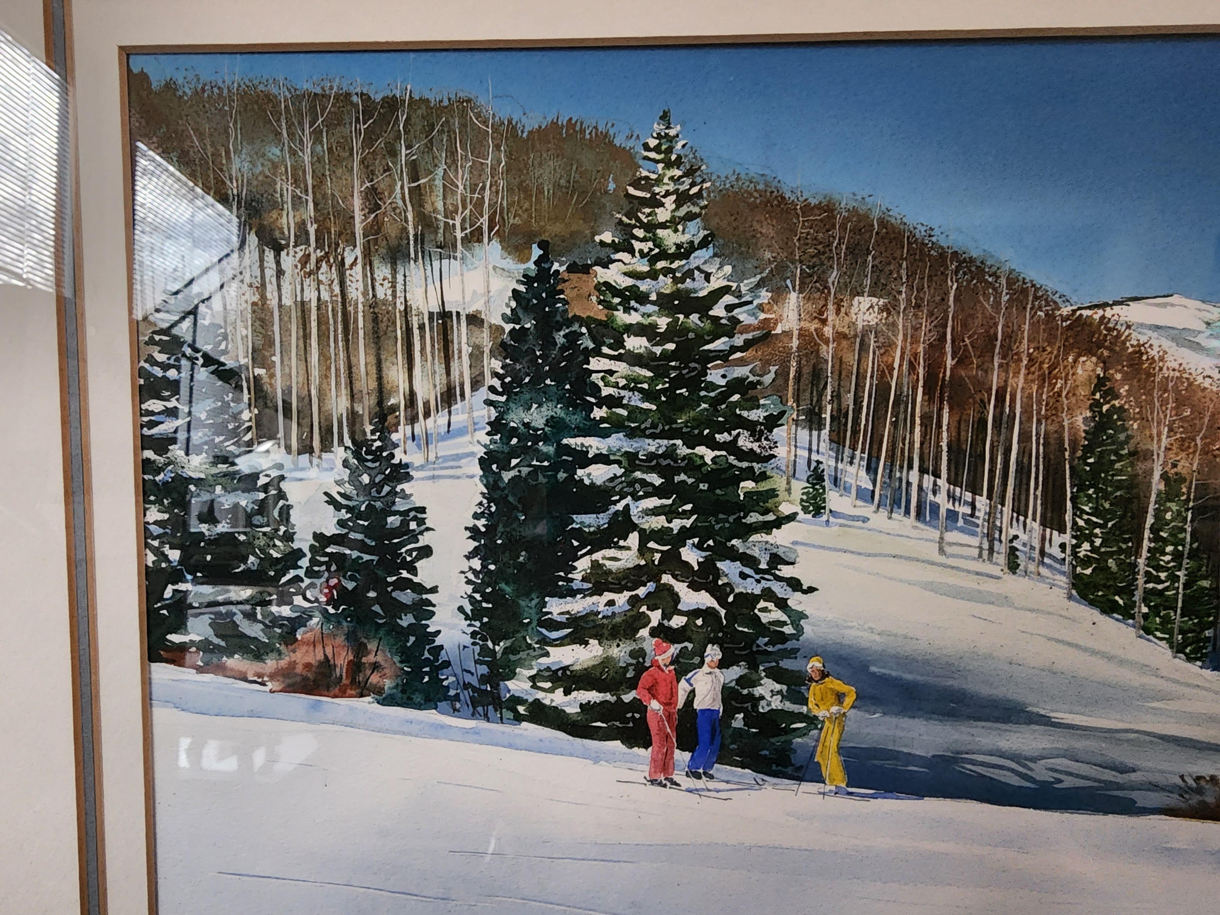 RGRFineArts is pleased to offer this beautiful watercolor by renowned North Carolina artist William Mangum of skiers on a ski run, likely in Mangum's home state of North Carolina.