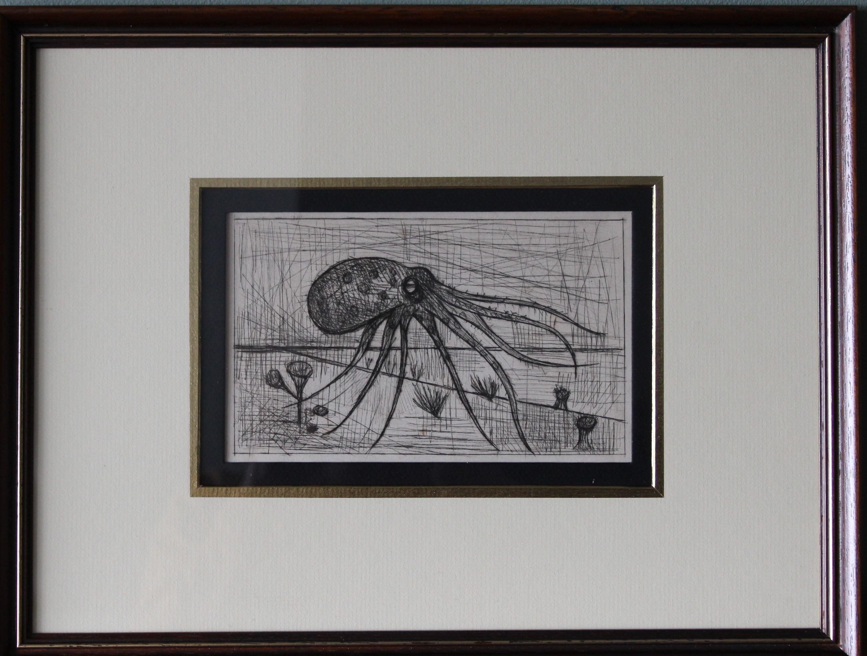 Original Vintage-Vintage-Trockenpunkt eines Octopus Bernard Buffet & Chants de Maldorer