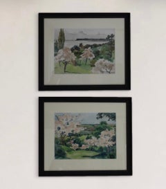 Ensemble de 2 aquarelles vintage impressionnistes encadrées Paysages de campagne français