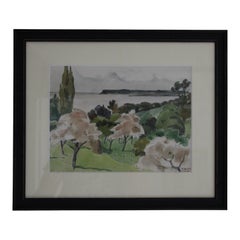 Ensemble de 2 aquarelles vintage impressionnistes encadrées Paysages de campagne français