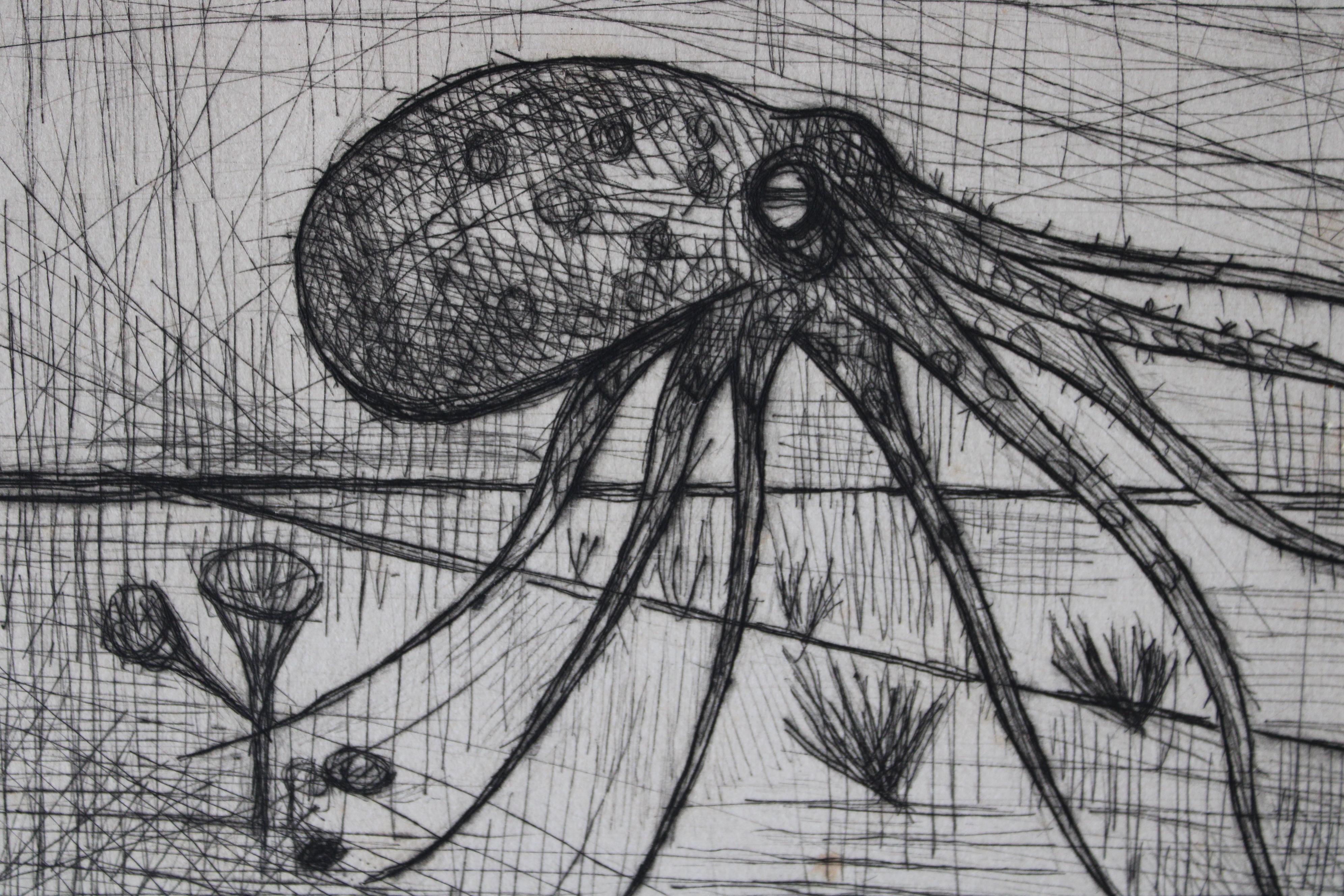 Pointe sèche originale d'une pieuvre Bernard Buffet & Chants de Maldorer en vente 2