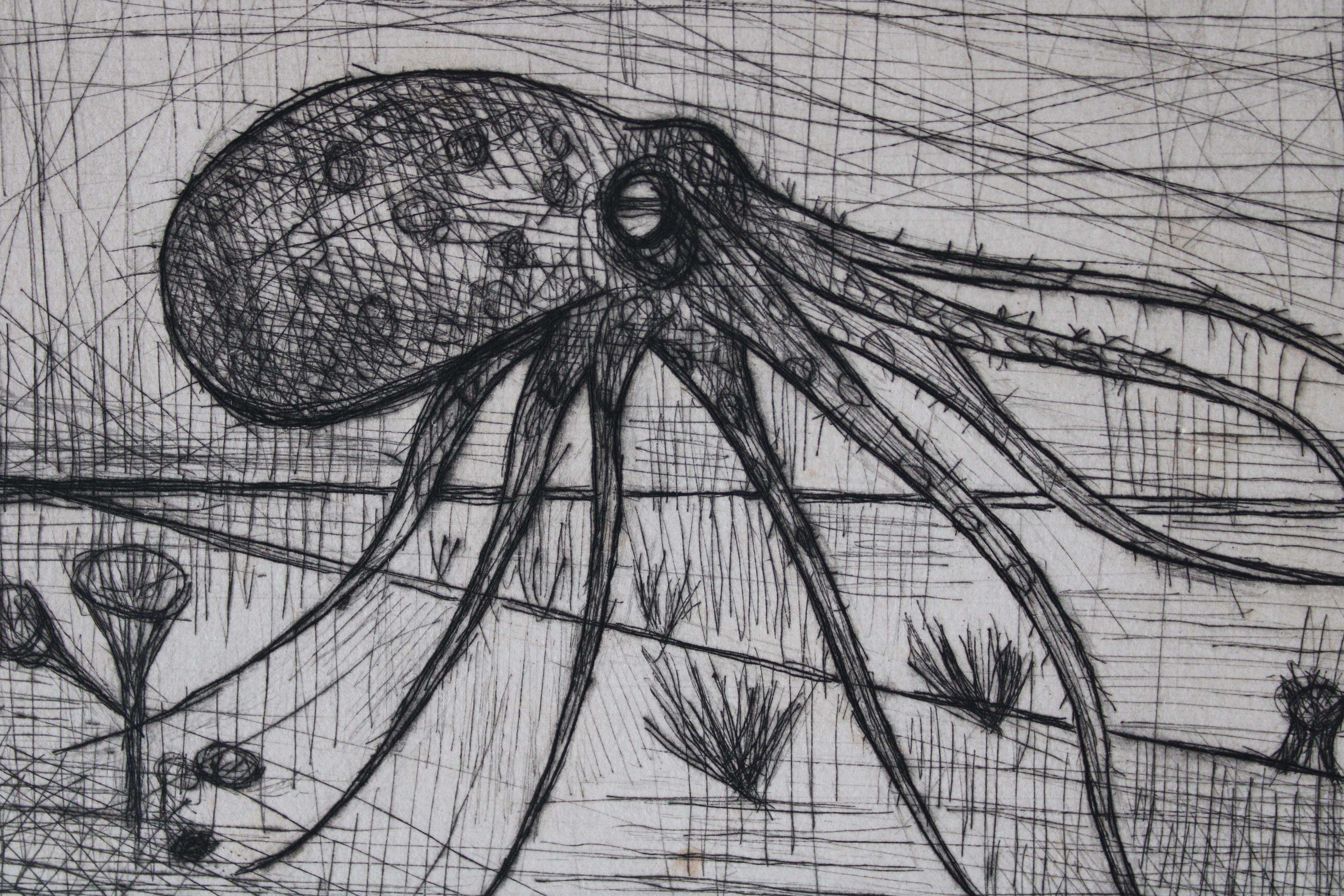 Pointe sèche originale d'une pieuvre Bernard Buffet & Chants de Maldorer en vente 4