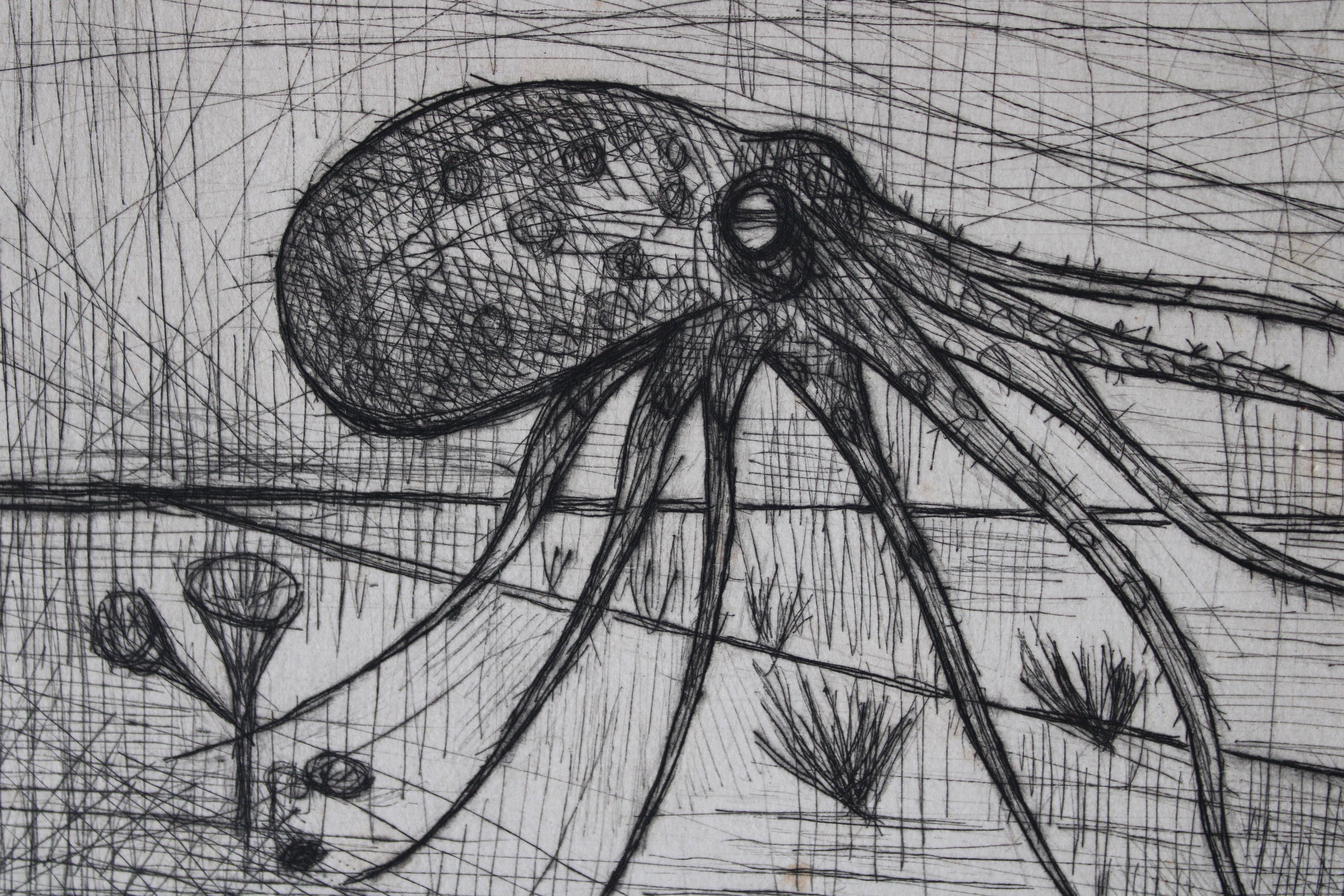 Pointe sèche originale d'une pieuvre Bernard Buffet & Chants de Maldorer en vente 5