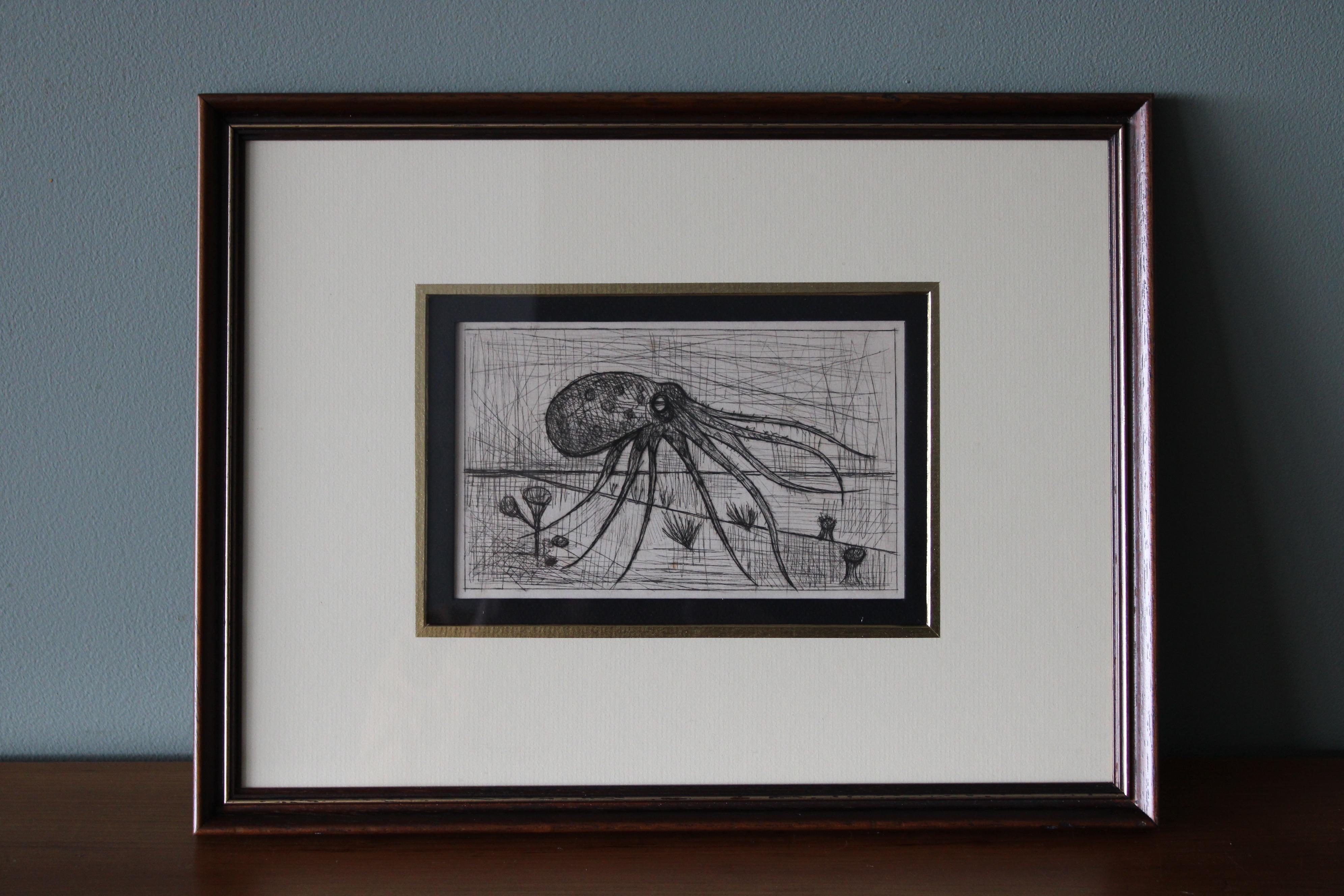 Pointe sèche originale d'une pieuvre Bernard Buffet & Chants de Maldorer en vente 1