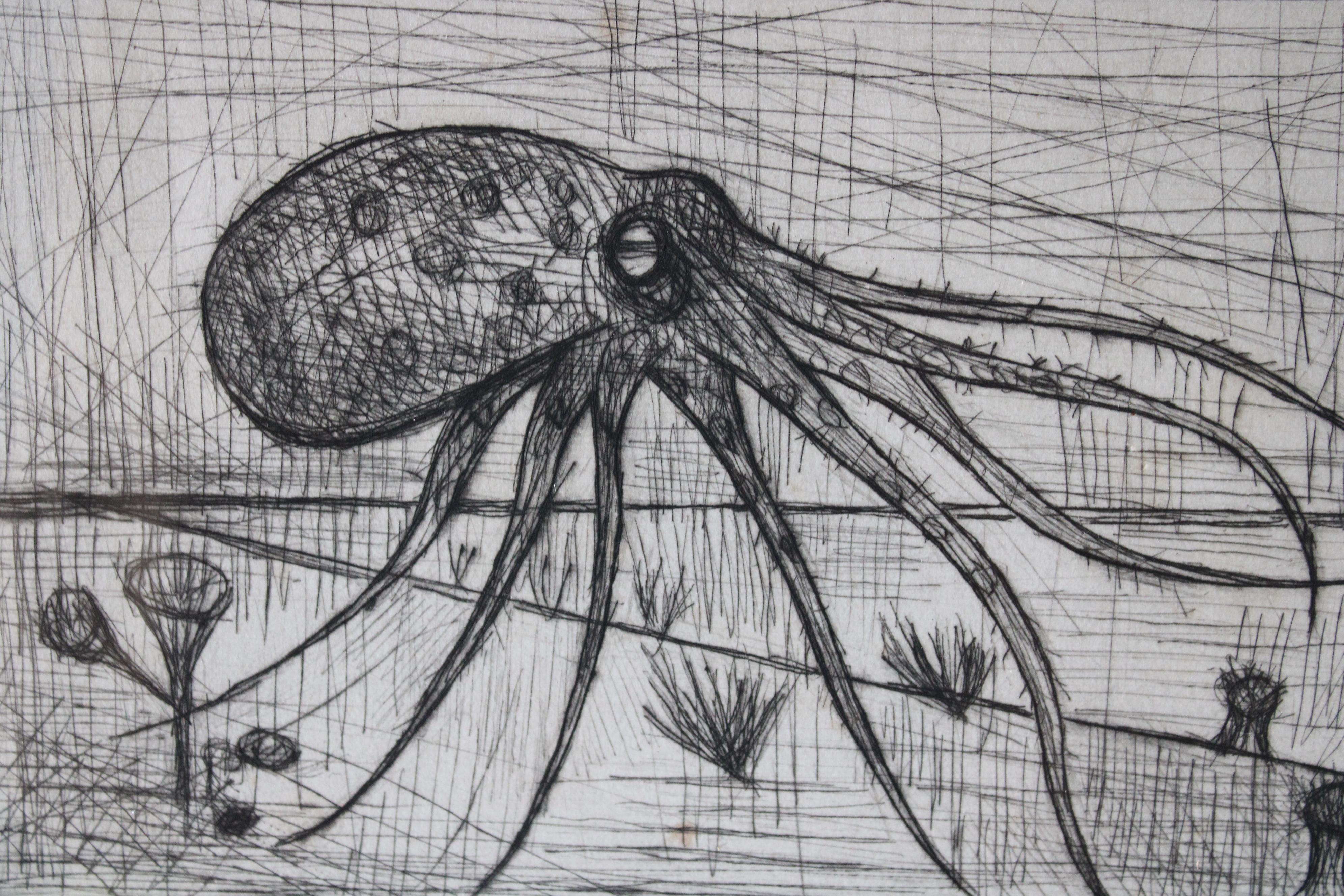 Pointe sèche originale d'une pieuvre Bernard Buffet & Chants de Maldorer en vente 9