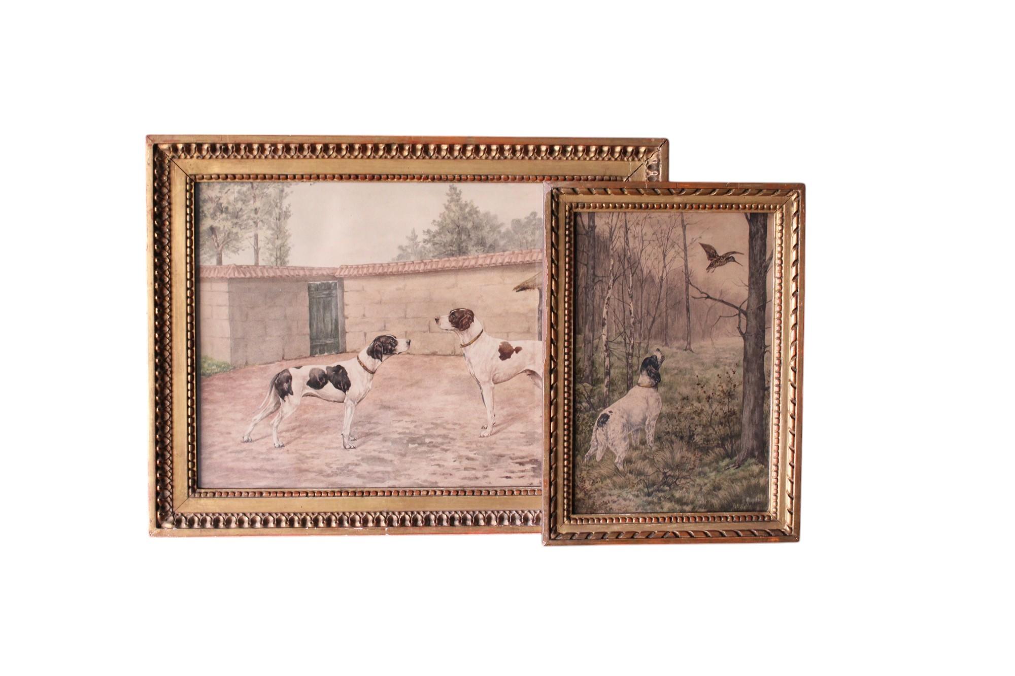 Set of 2 French antique dog paintings 19th Century watercolour dog paintings