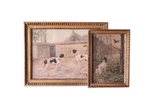 Set of 2 French Antique dog paintings 19th Century watercolour dog paintings