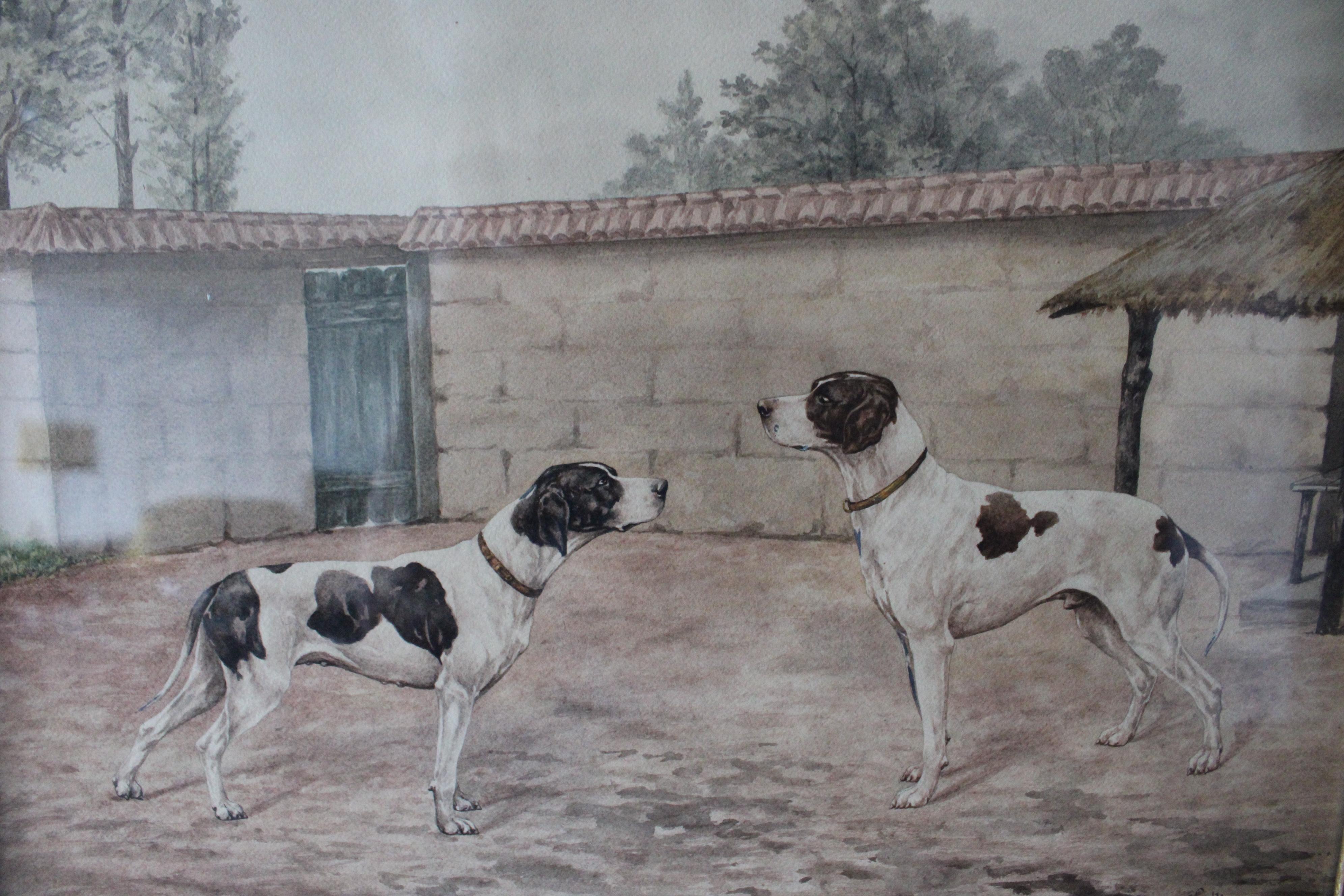 Ensemble de 2 peintures de chiens anciennes 19ème siècle peintures de chiens à l'aquarelle - Art de Unknown