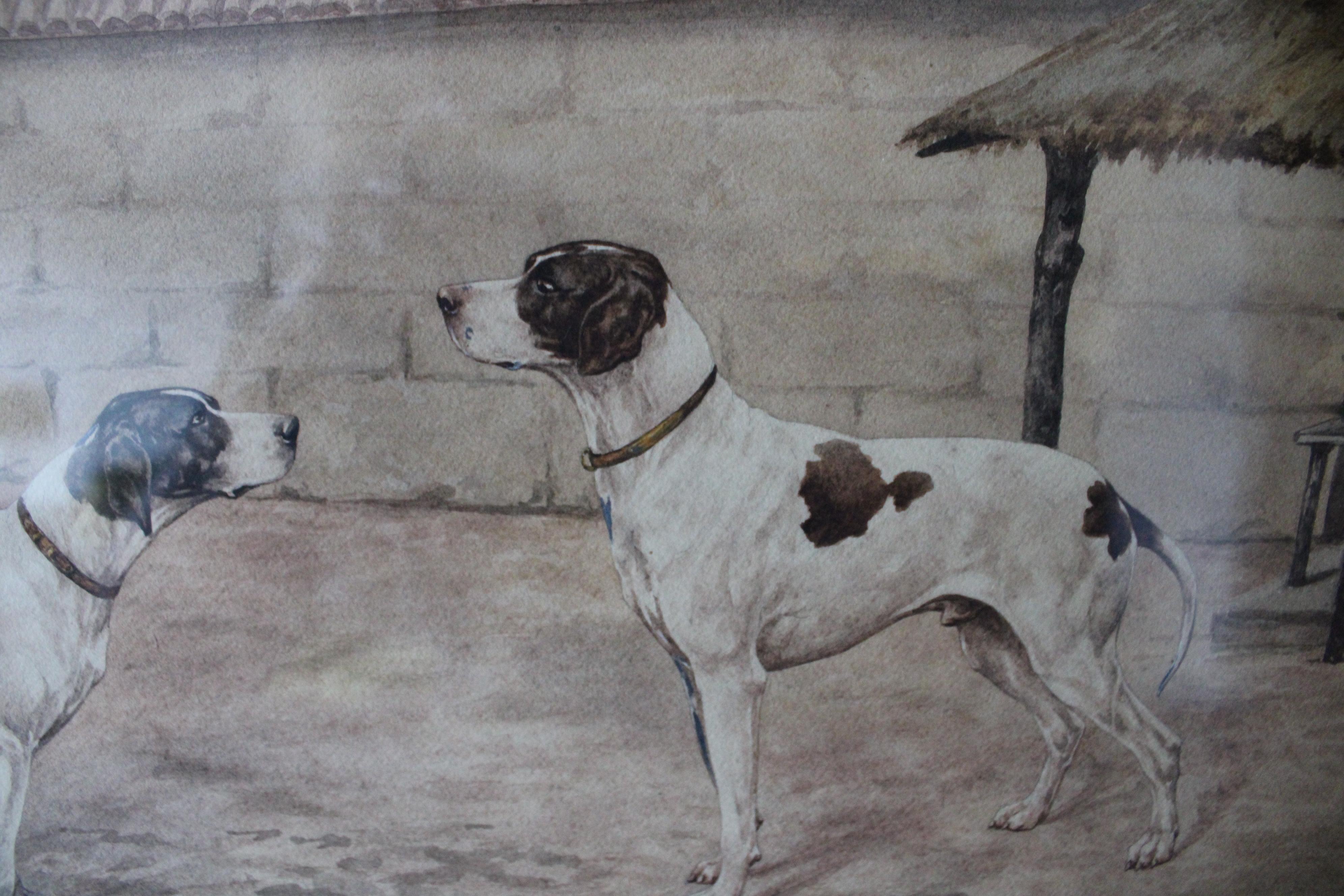 Ensemble de 2 peintures de chiens anciennes 19ème siècle peintures de chiens à l'aquarelle - Art nouveau Art par Unknown