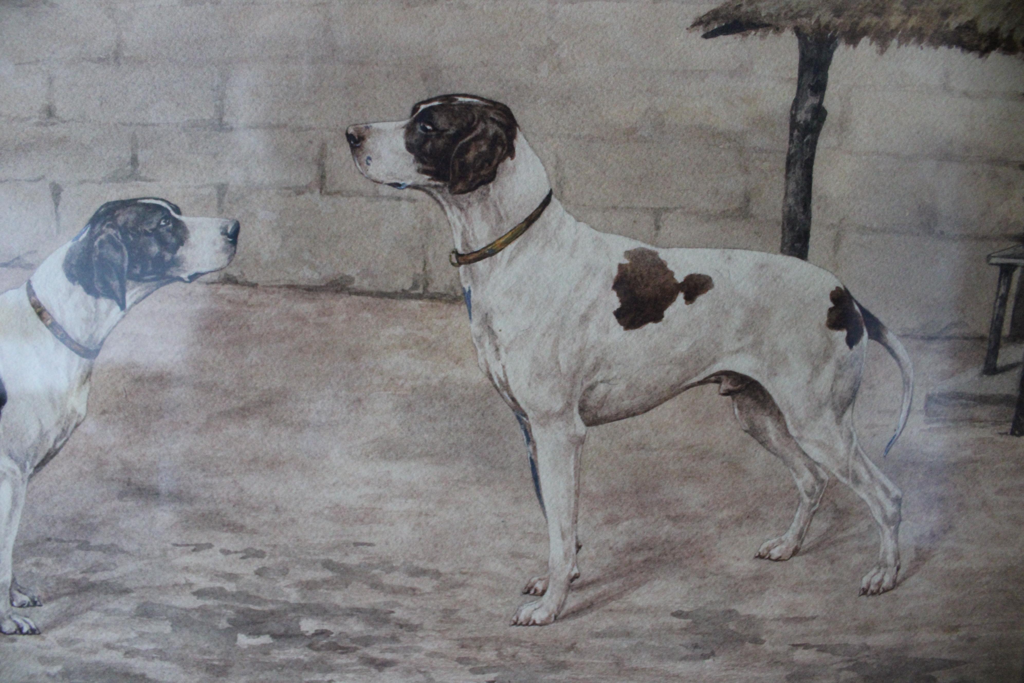 Une authentique paire d'aquarelles représentant des chiens de chasse dans leurs cadres d'origine, intacts depuis les années 1880.  Très charmant et très bien dessiné.  Le premier tableau, plus grand, représente un homme et une femme qui se