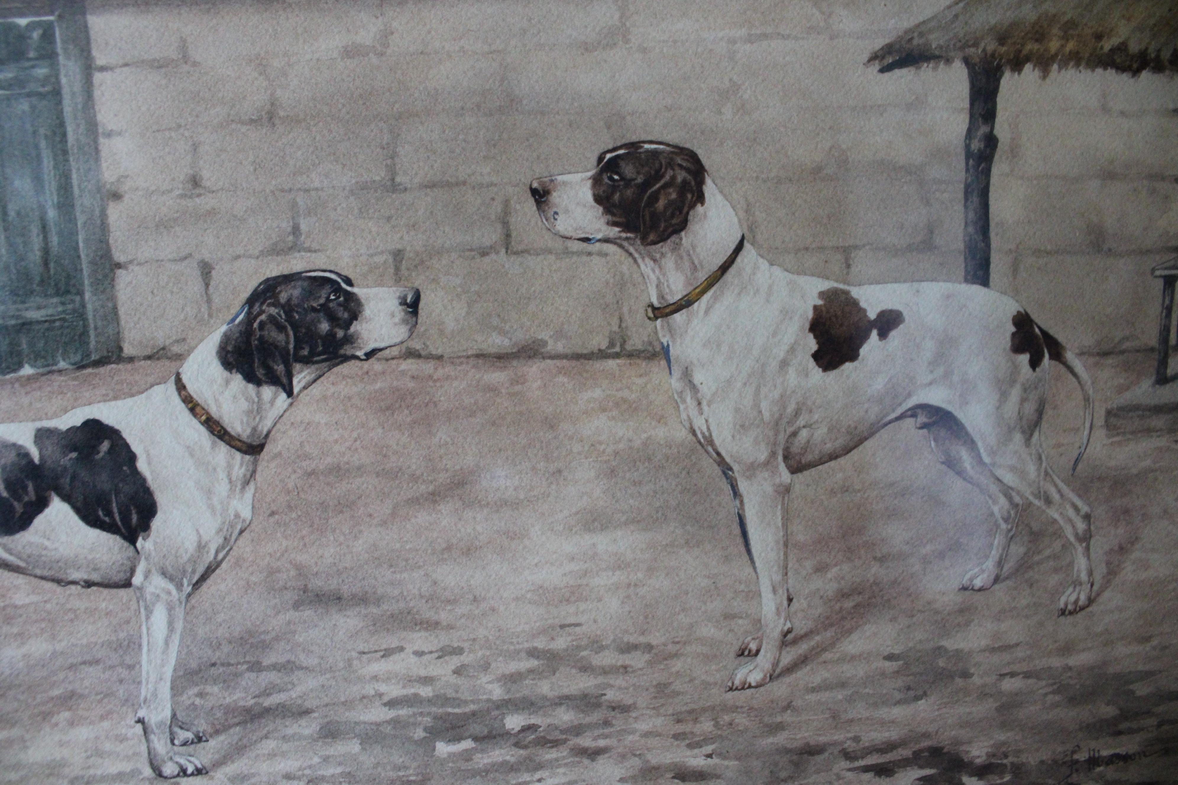 Ensemble de 2 peintures de chiens anciennes 19ème siècle peintures de chiens à l'aquarelle en vente 1