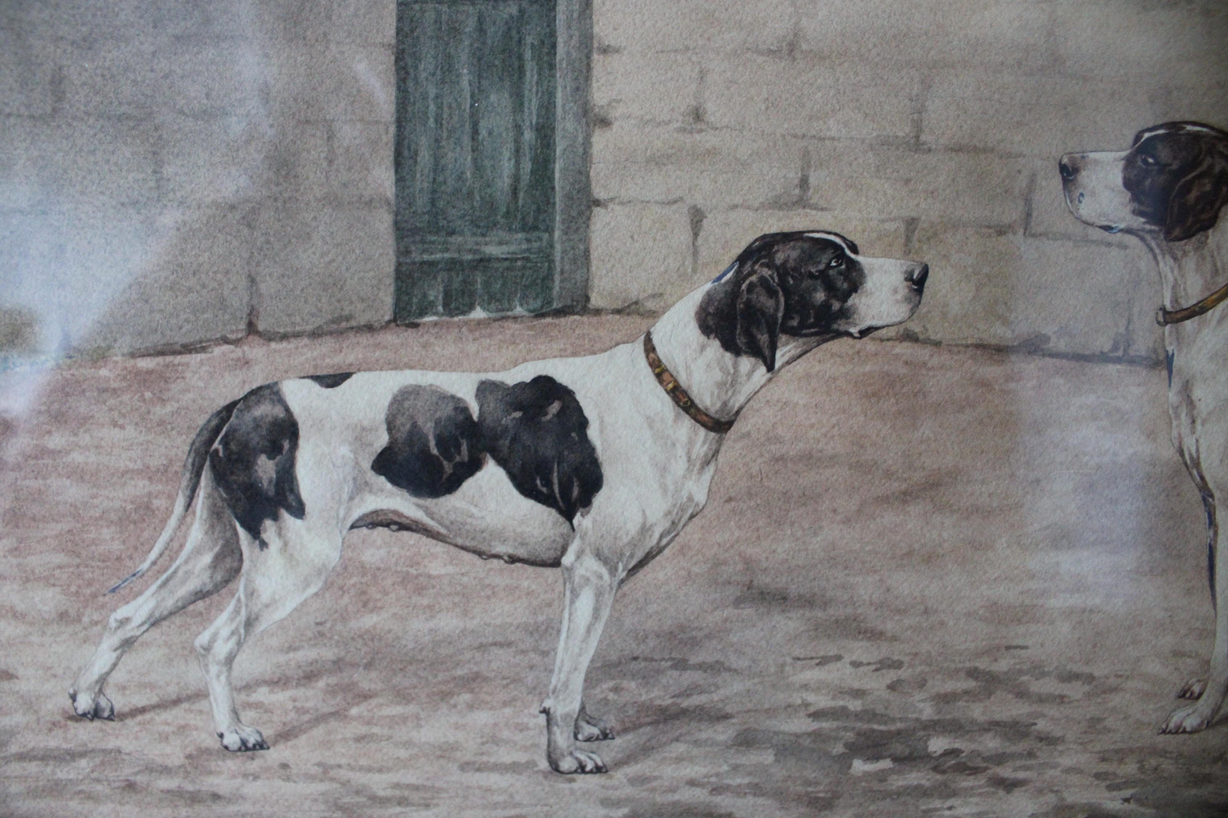 Ensemble de 2 peintures de chiens anciennes 19ème siècle peintures de chiens à l'aquarelle - Marron Animal Art par Unknown