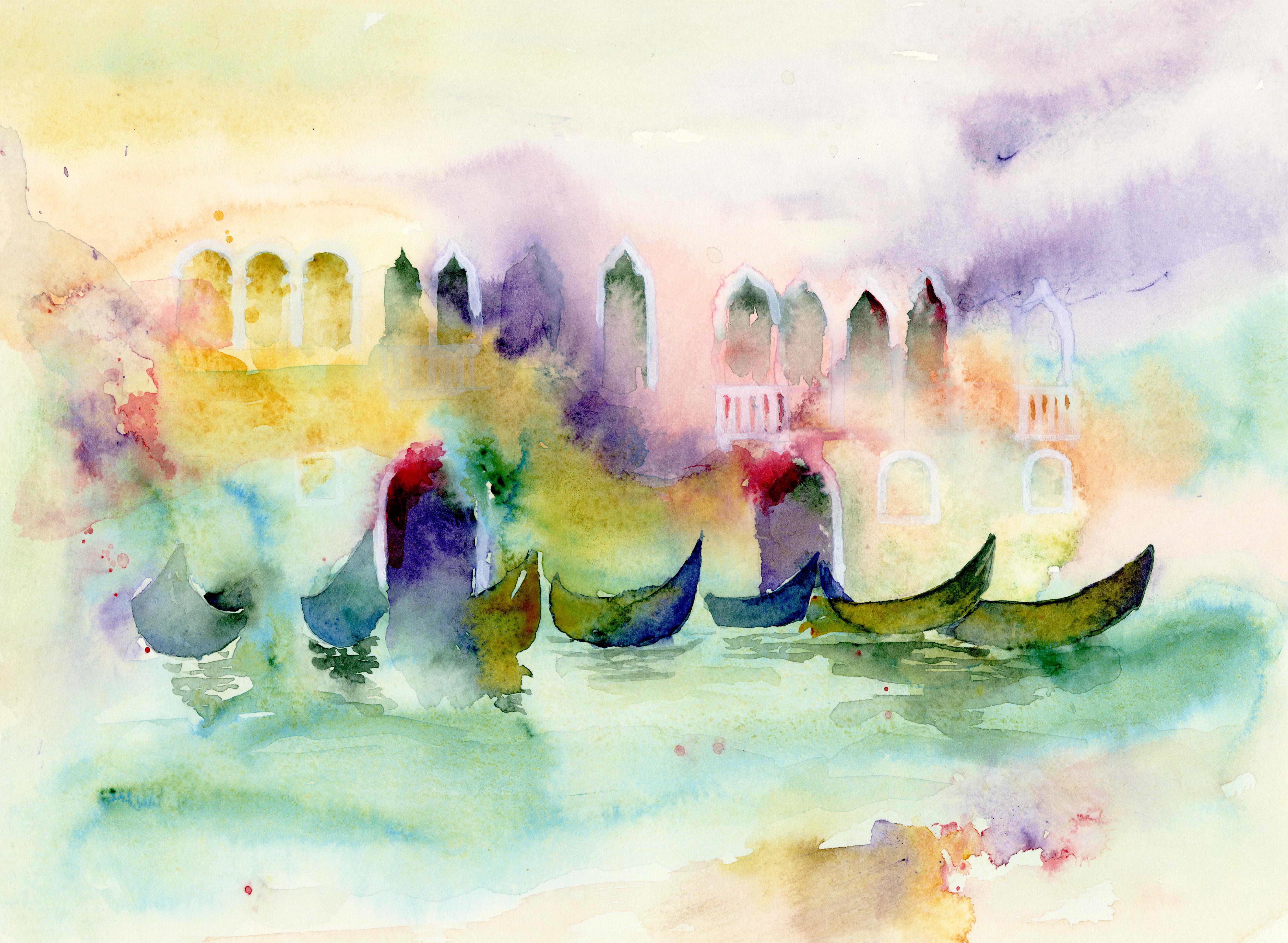 Sophia Khan Landscape Art - Awaiting Adventure in Venice, Watercolor Art
