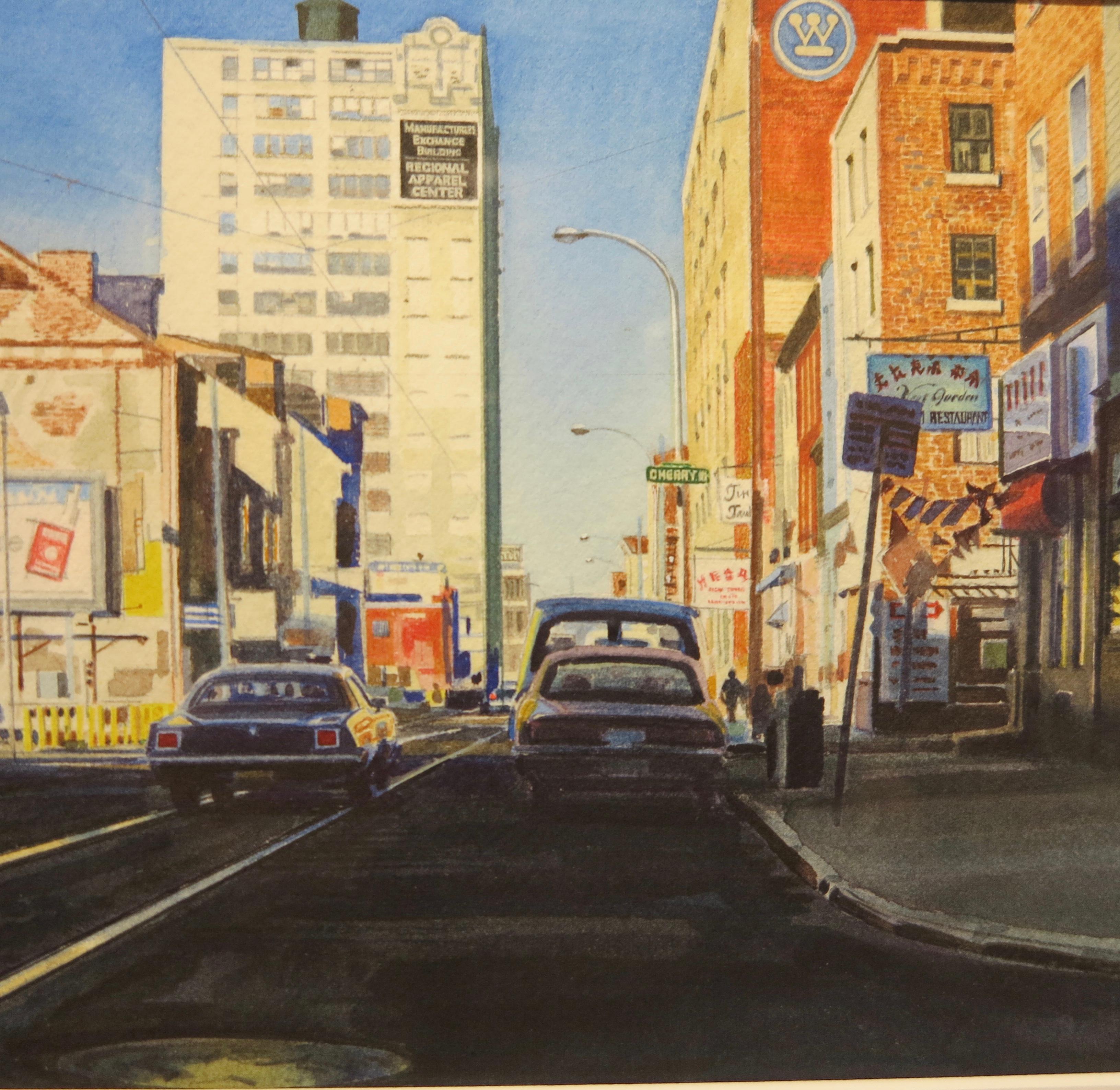 Cherry Street, Chinatown, Philadelphia - Black Landscape Painting by William Teodecki