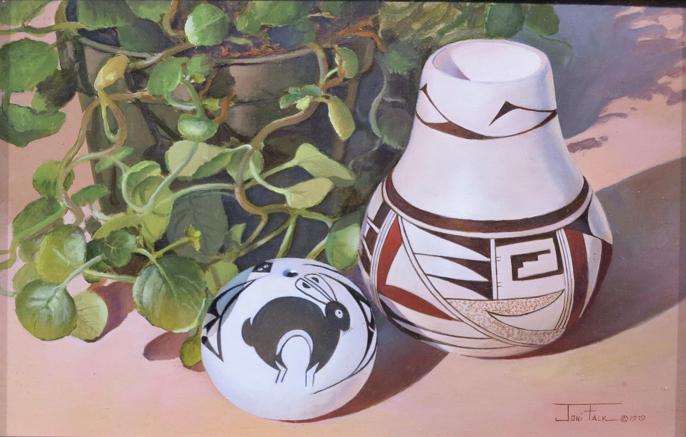 Joni Falk Still-Life Painting - Designs in Clay (Acoma Seed Pot and Hopi Vase)