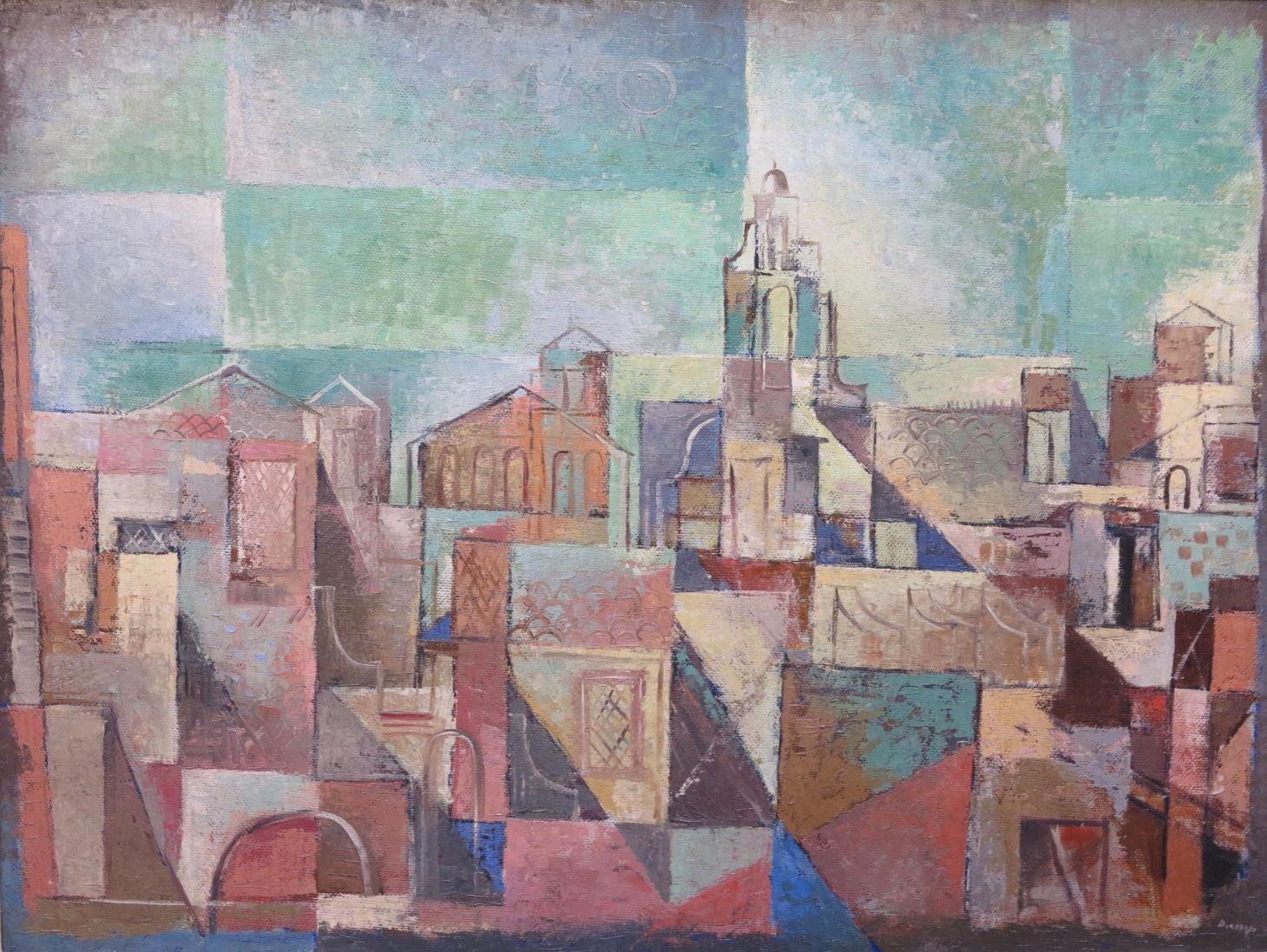 Landscape Painting Karl Drerup - Ville italienne (Cubiste cityscape)