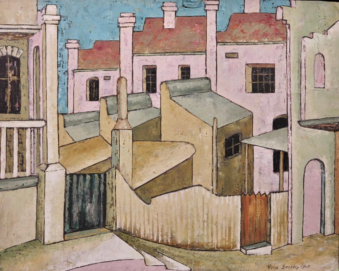 Rene Beckley Abstract Painting - City Streets (British Street scene architectural landscape)